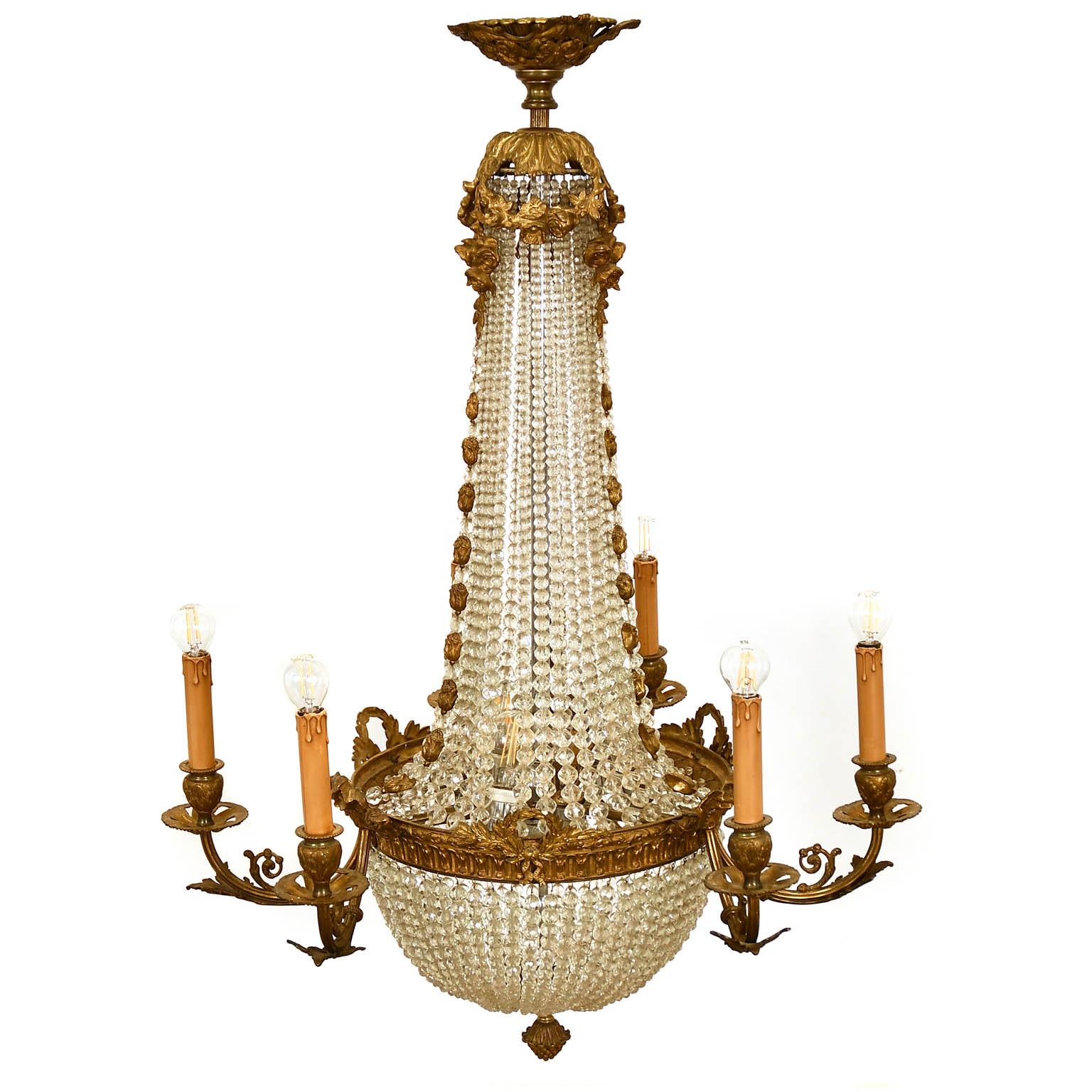 Antique Classicist Austrian bronze and crystal chandelier / ceiling candelabra , circa 1880-1920s. 6 arms around the glass basket with fine, engraved cast Bronze ornaments, ending in Baldachin crowning.
 We did not rewire the lamp, we just