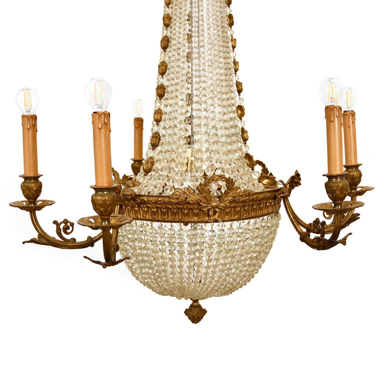 European Antique Austrian Chandelier ceiling Candelabra Empire Style Brass Crystal , 1880 For Sale