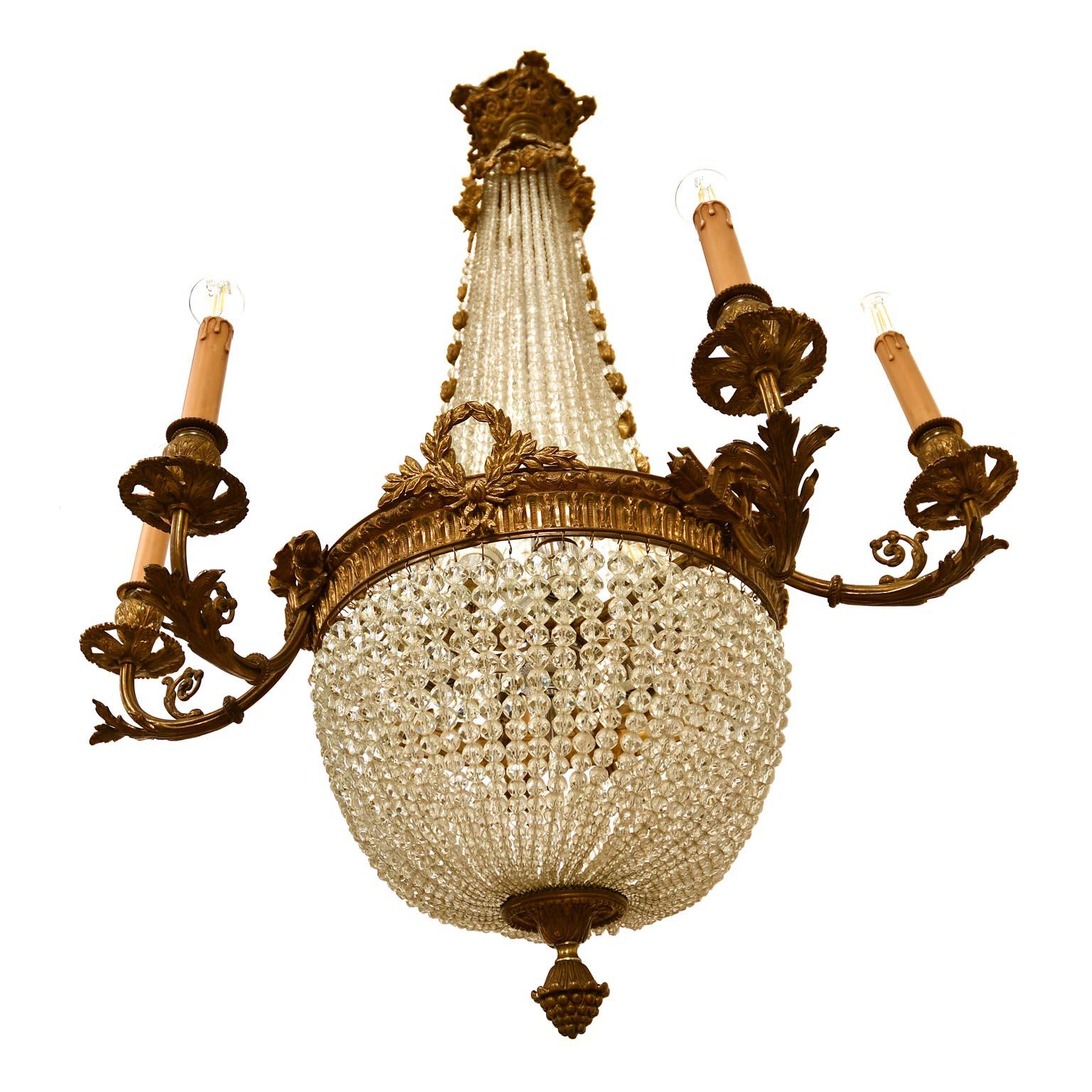 Antique Austrian Chandelier ceiling Candelabra Empire Style Brass Crystal , 1880 In Good Condition For Sale In Vienna, AT