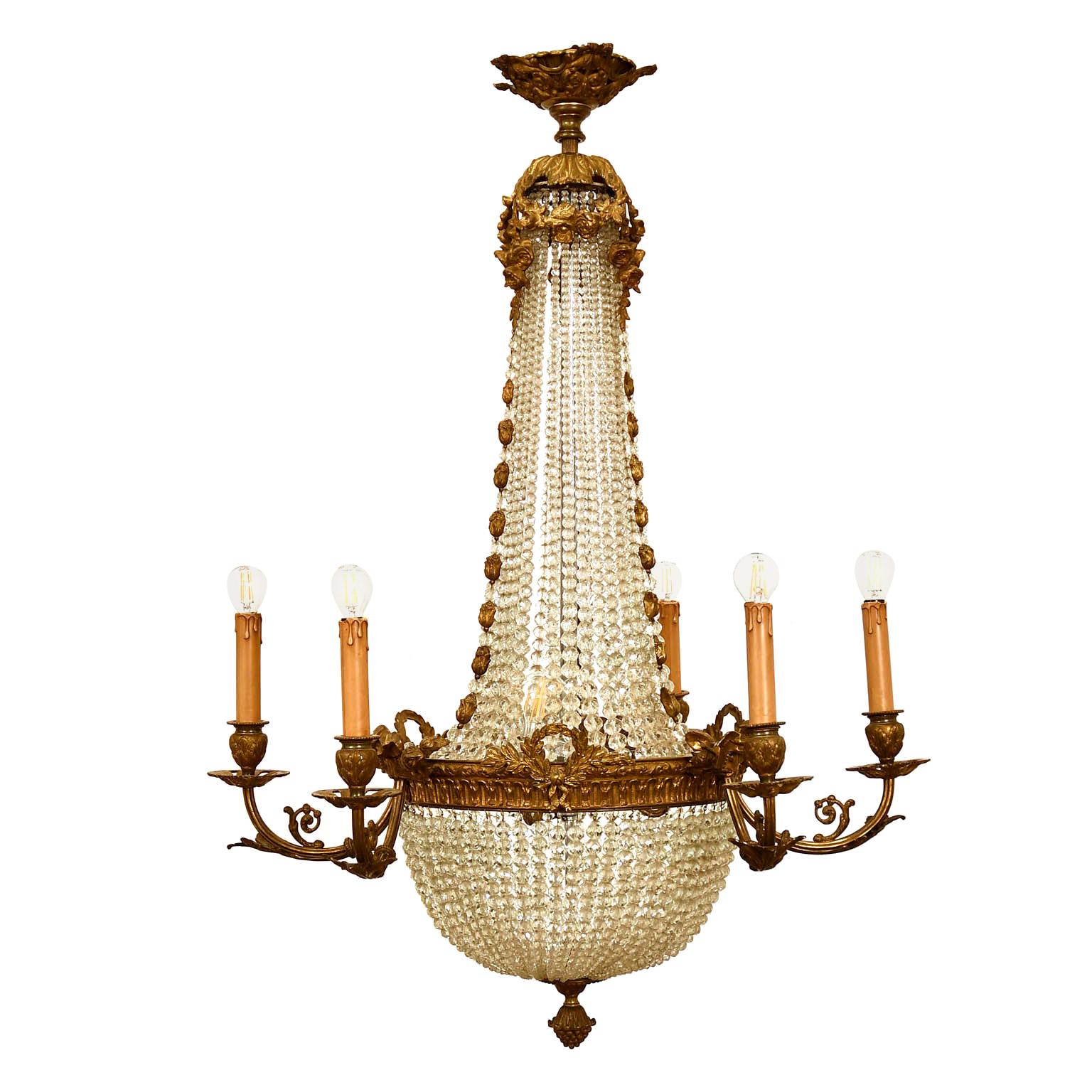 Antique lustre autrichien chandelier de style Empire en cristal et laiton, 1880