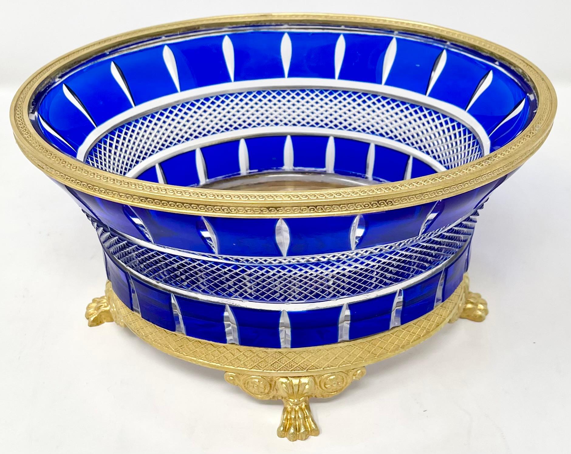 Antique Austrian cobalt cut to clear crystal bowl with bronze d'ore mounts, circa 1890s-1910.