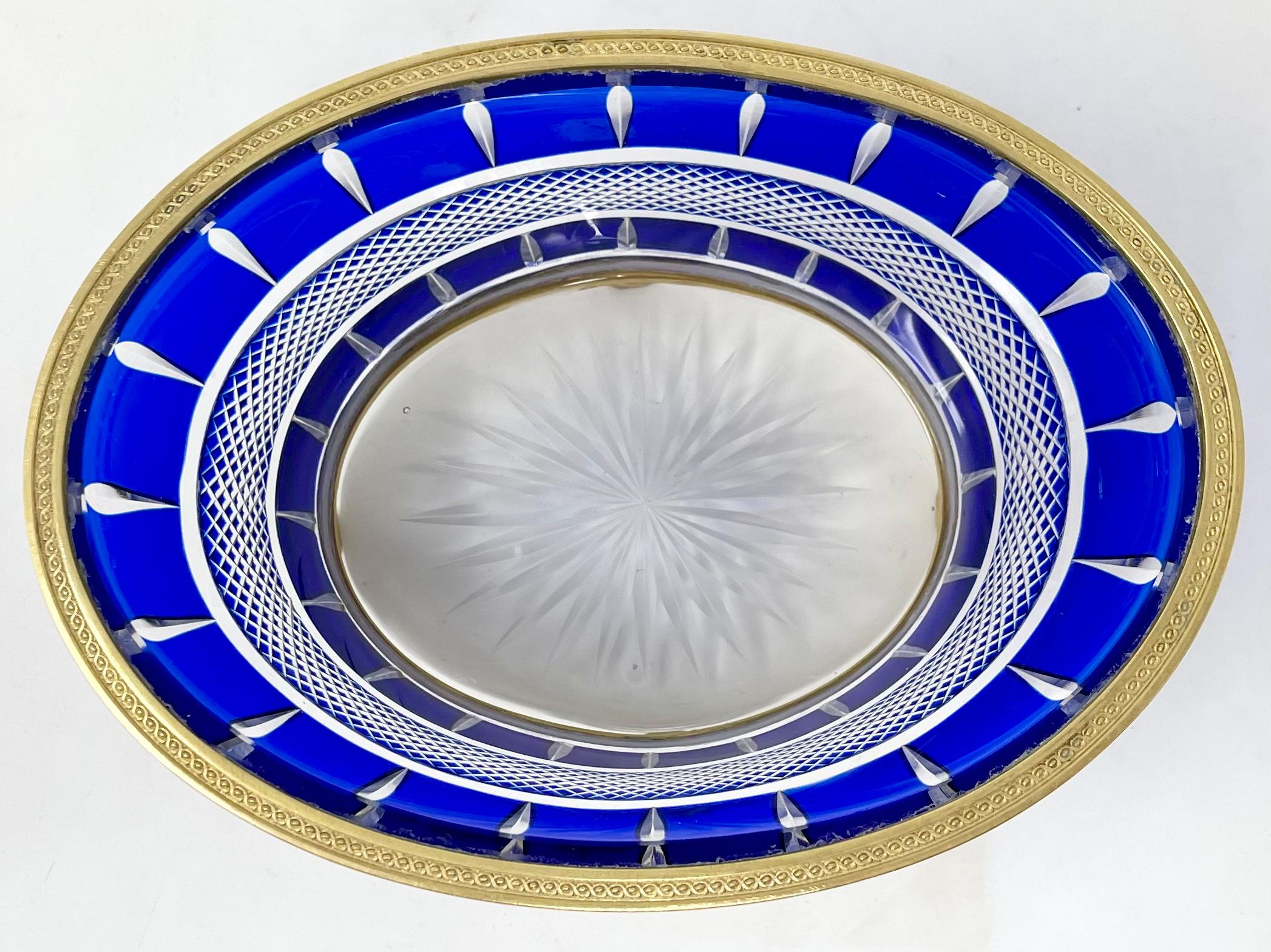 Antique Austrian Cobalt & Clear Crystal Bowl with Bronze D'ore Mounts Circa 1900 In Good Condition For Sale In New Orleans, LA