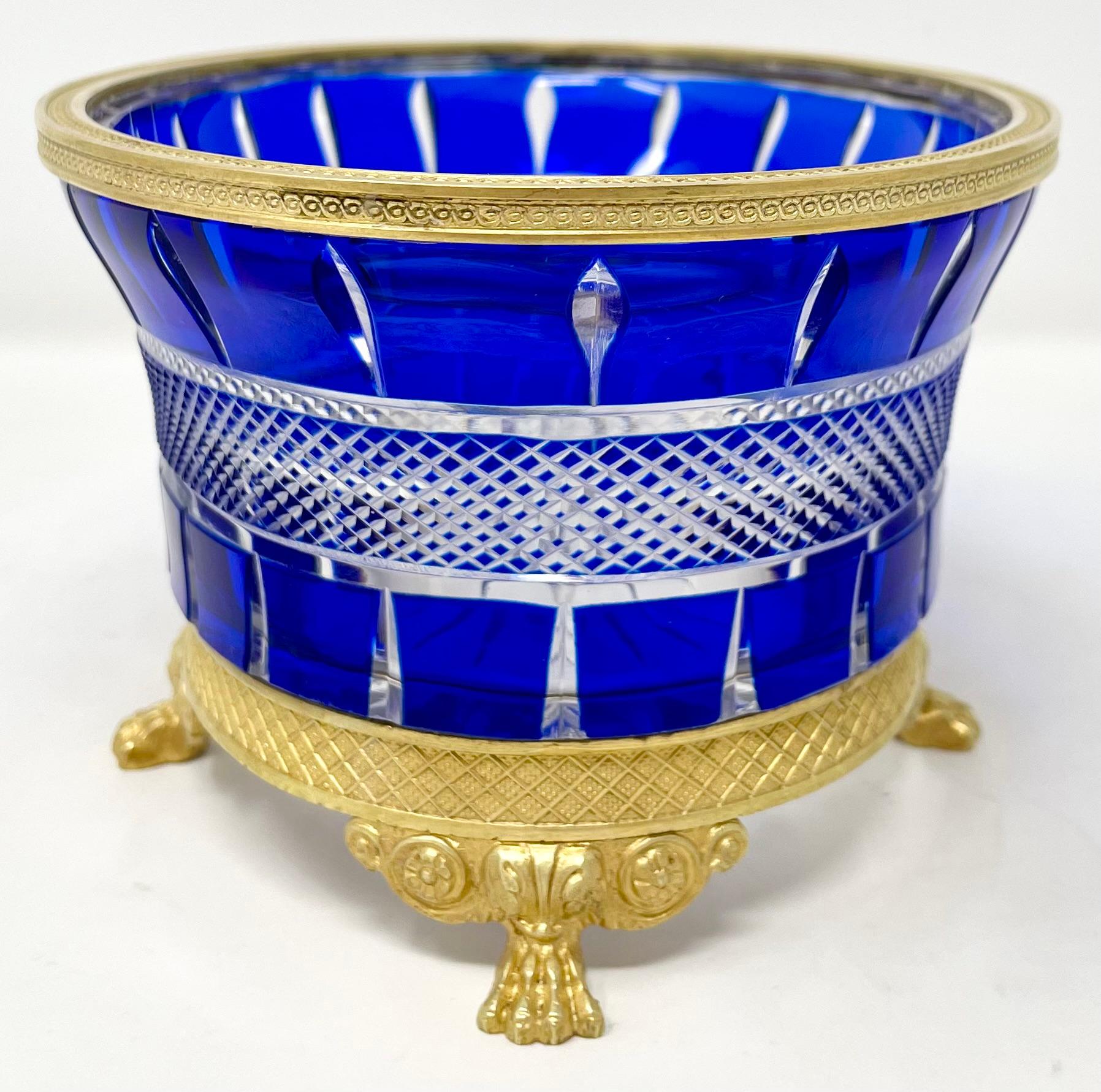 19th Century Antique Austrian Cobalt & Clear Crystal Bowl with Bronze D'ore Mounts Circa 1900 For Sale