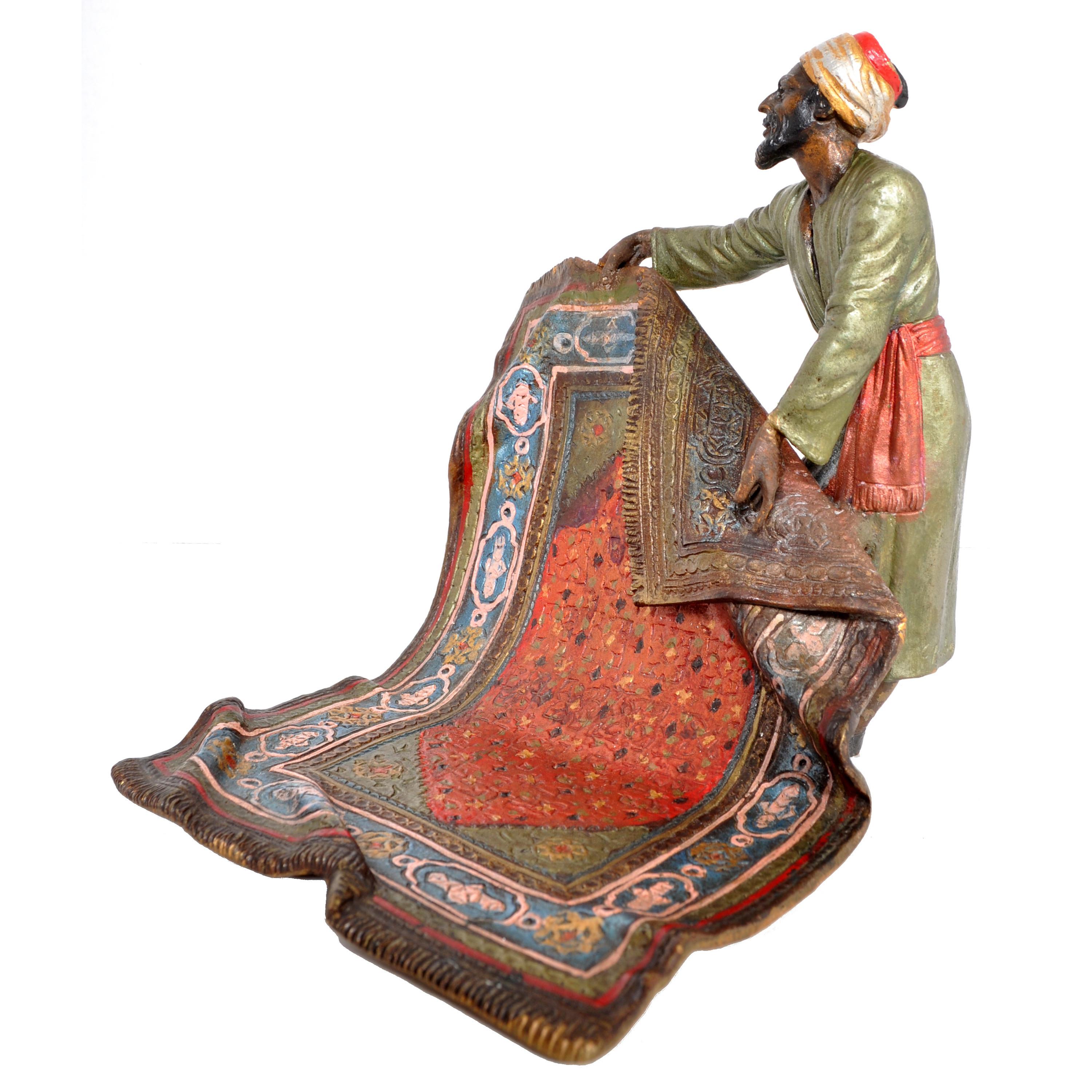 Art Nouveau Antique Austrian Cold-Painted Bronze Arab Carpet Seller Franz Bergmann