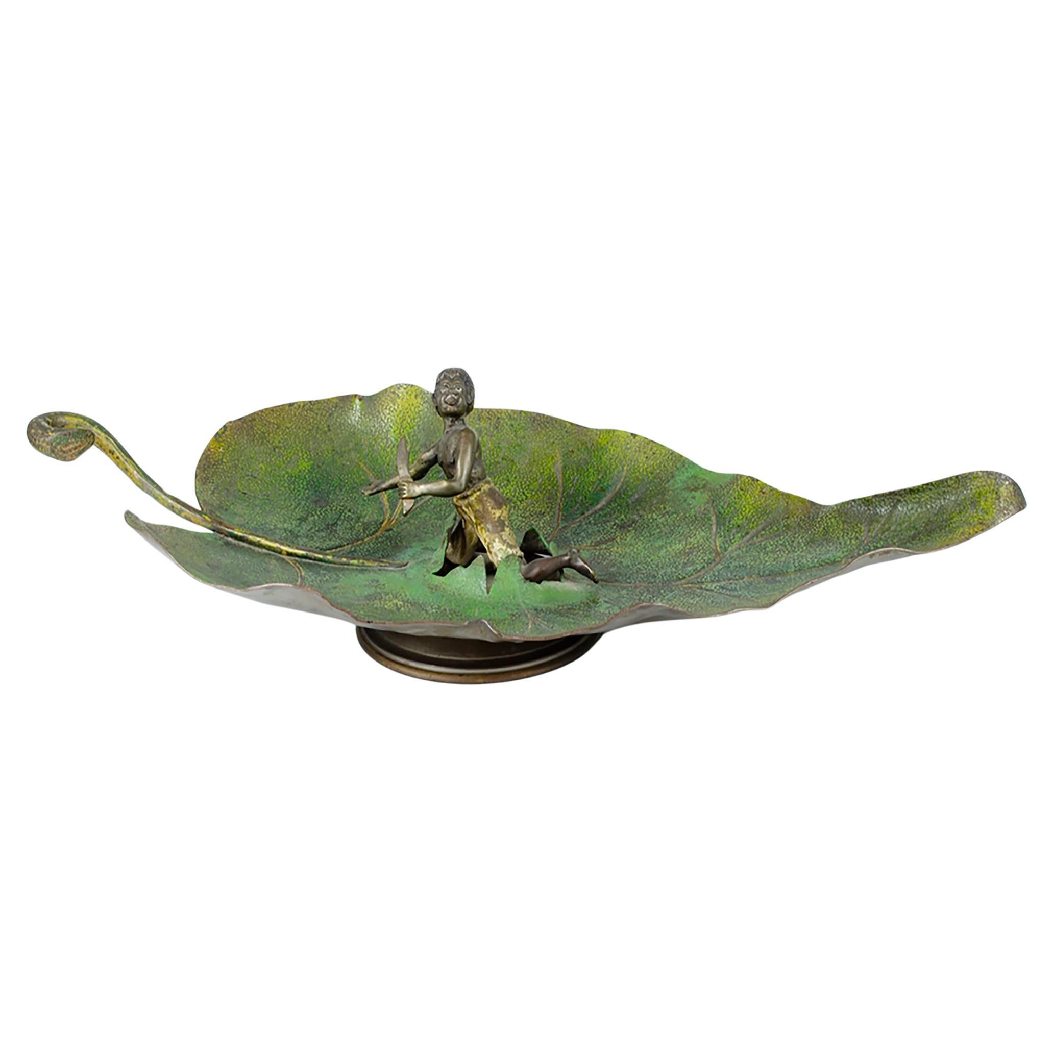 Antique Austrian Cold-Painted Bronze, Boy on a leaf, 20th century For Sale