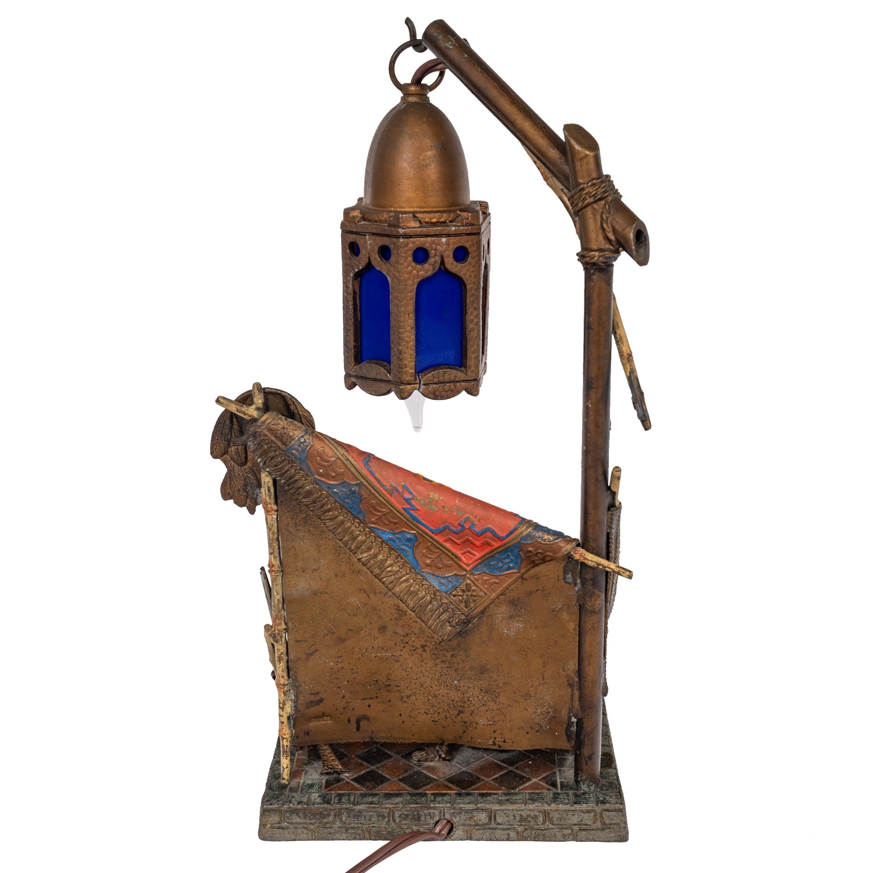 Antique Austrian Cold Painted Bronze Franz Bergmann Arab Carpet Seller Lamp  In Good Condition In Portland, OR
