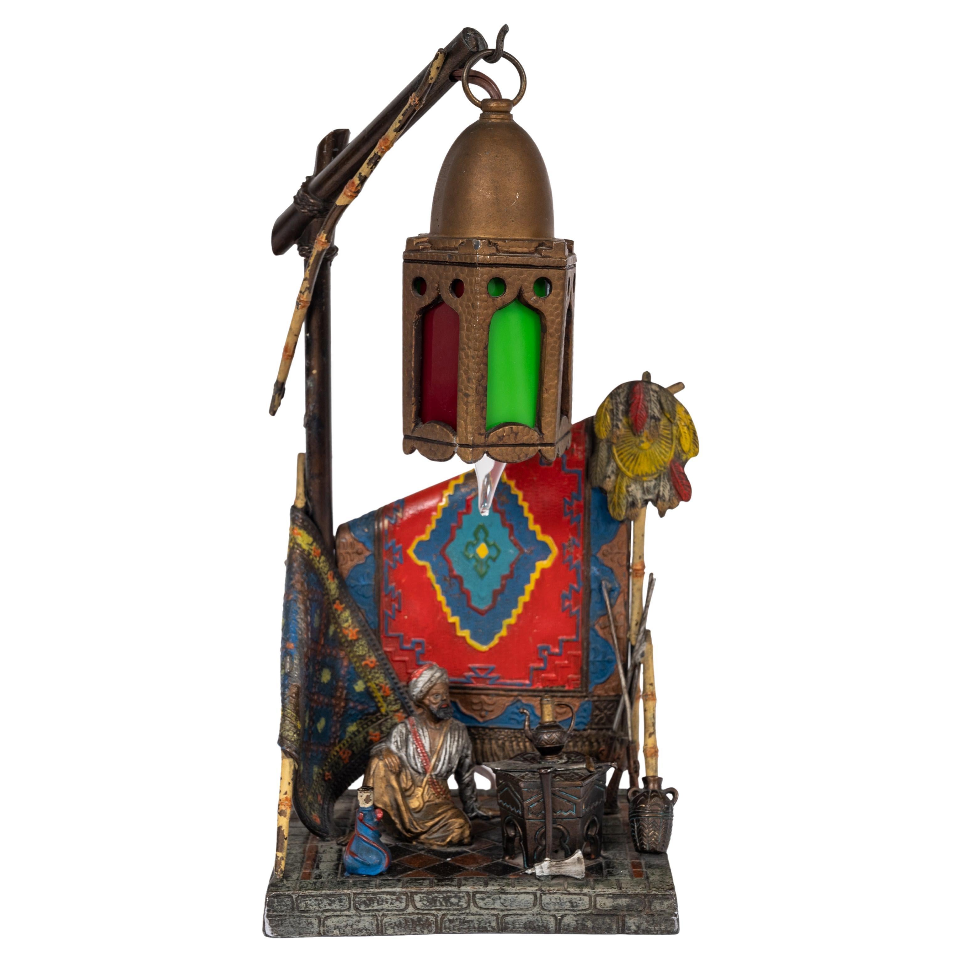 Antique Austrian Cold Painted Bronze Franz Bergmann Arab Carpet Seller Lamp  For Sale