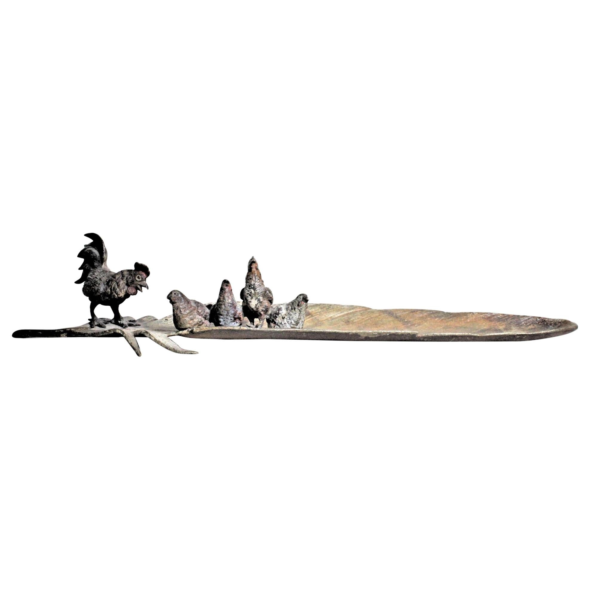 Antique Austrian Cold-Painted Bronze of a Rooster and Chickens Perched on a Leaf