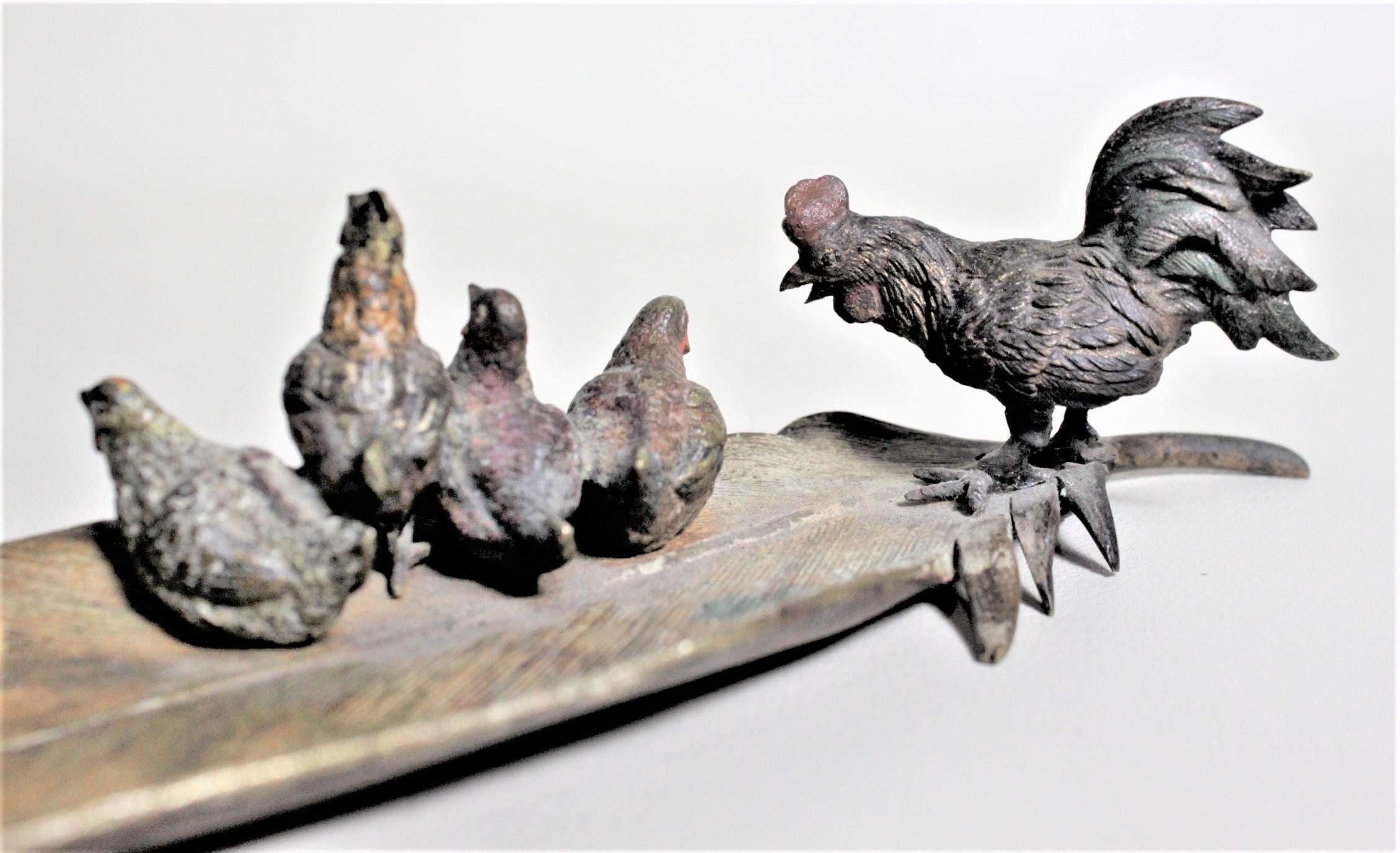 Antique Austrian Cold-Painted Bronze of a Rooster and Chickens Perched on a Leaf 1
