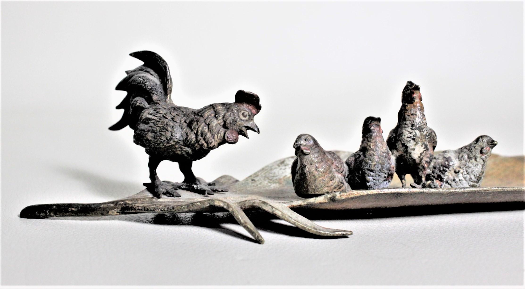 Antique Austrian Cold-Painted Bronze of a Rooster and Chickens Perched on a Leaf 2