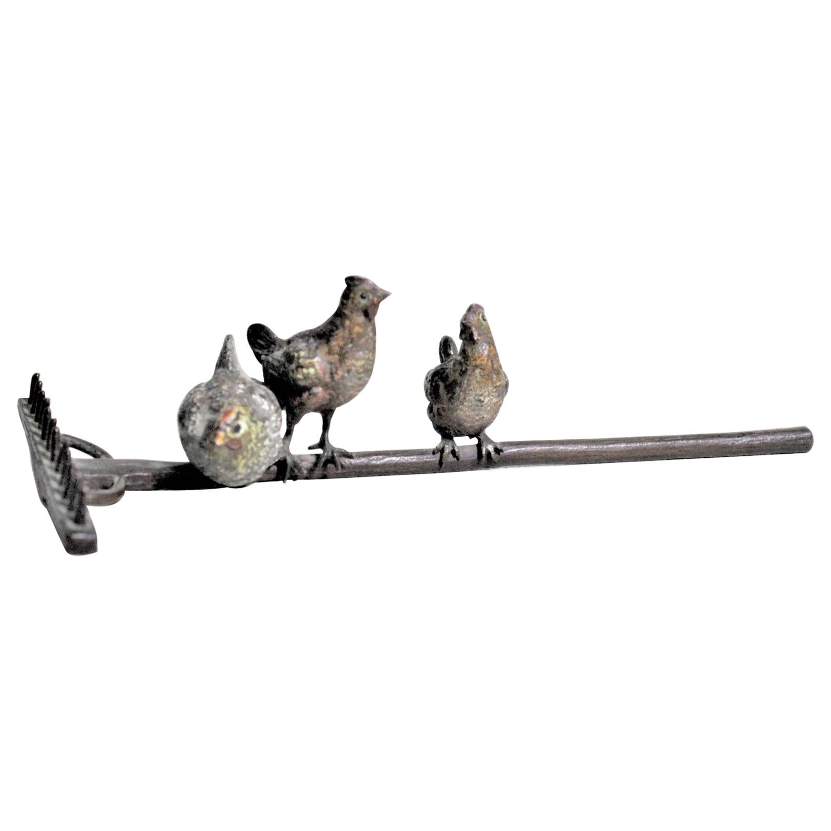 Antique Austrian Cold-Painted Bronze of Chickens Perched on a Rake Sculpture