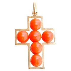 Antique Austrian Cross Pendant Crucifix natural Red Coral Solid 14K Gold / 4gr.