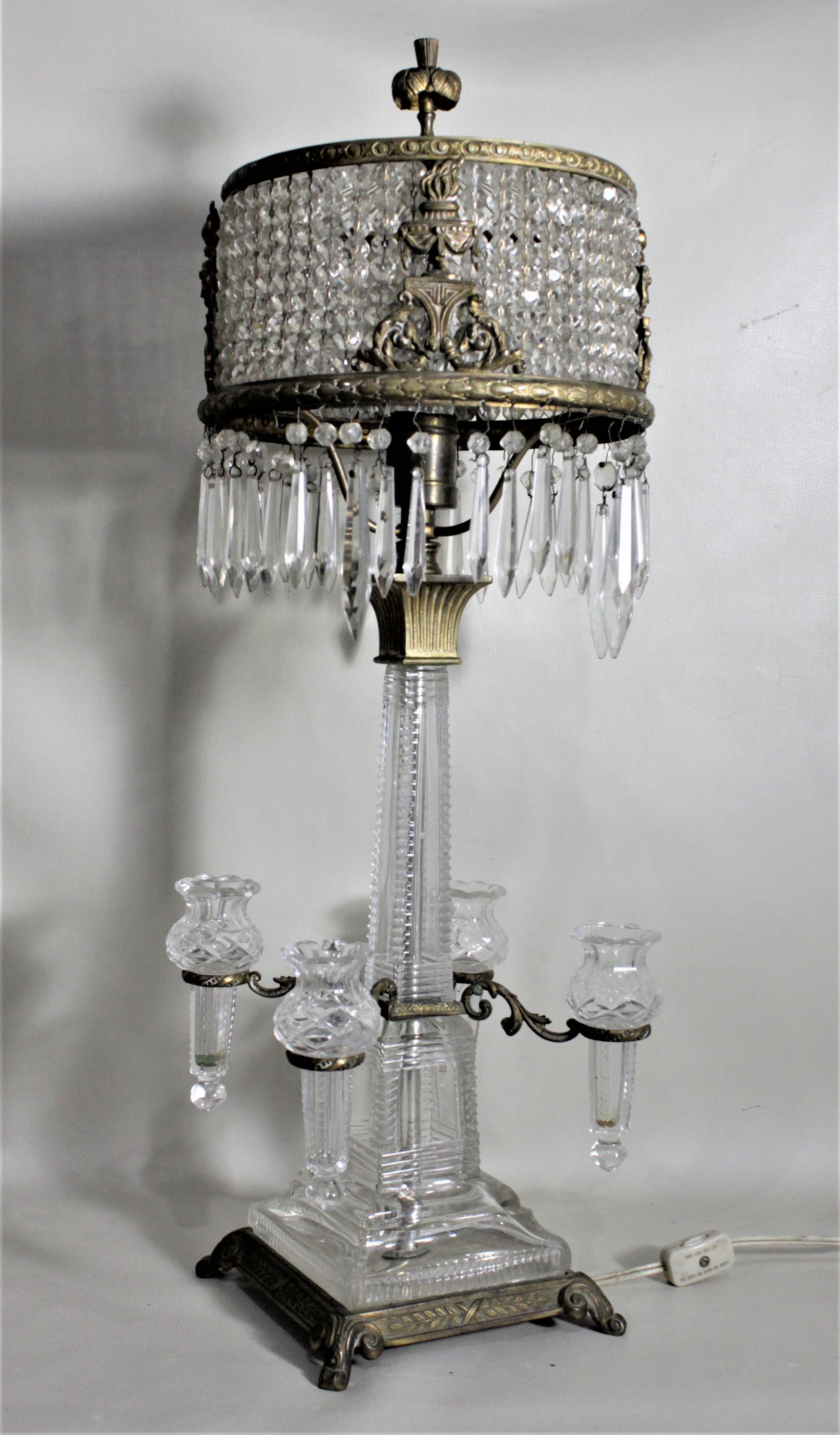 Edwardian Antique Austrian Crystal & Gilt Metal Table Lamp with an Epergne or Bud Vases For Sale
