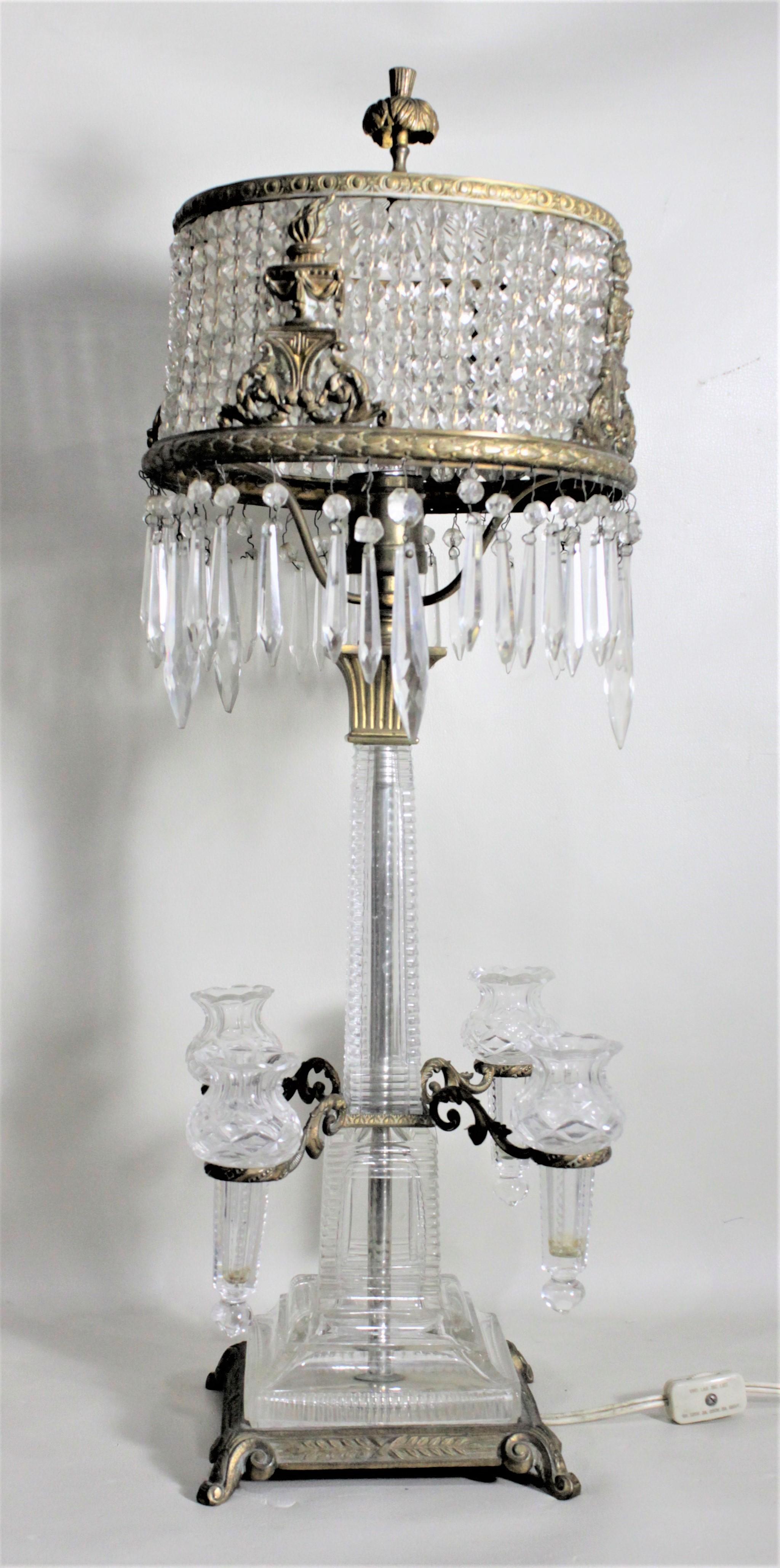 Hand-Crafted Antique Austrian Crystal & Gilt Metal Table Lamp with an Epergne or Bud Vases For Sale