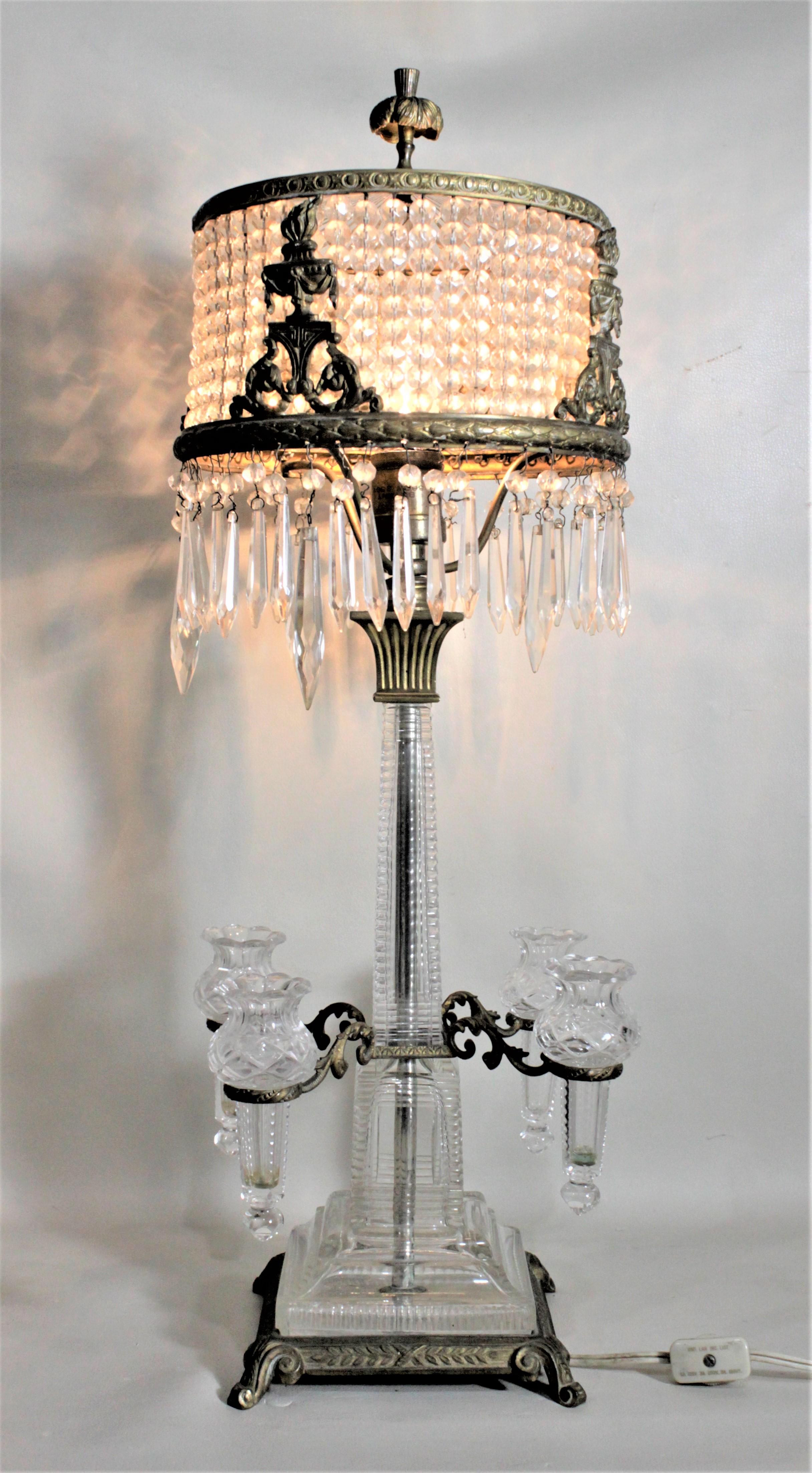 Antique Austrian Crystal & Gilt Metal Table Lamp with an Epergne or Bud Vases In Good Condition For Sale In Hamilton, Ontario
