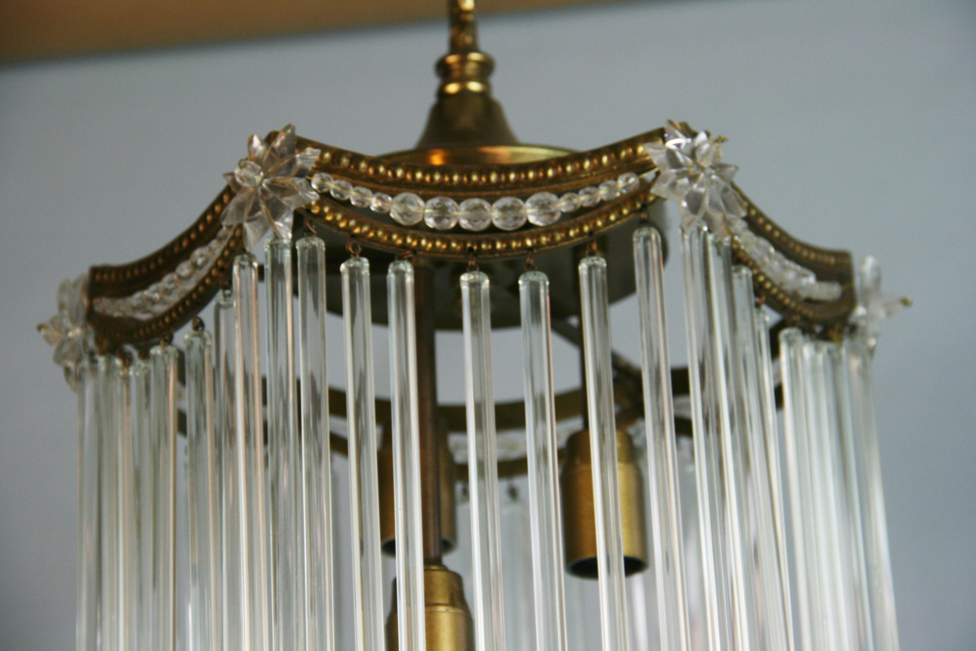 Brass Antique Austrian Crystal Rods Pendant Circa 1920's For Sale
