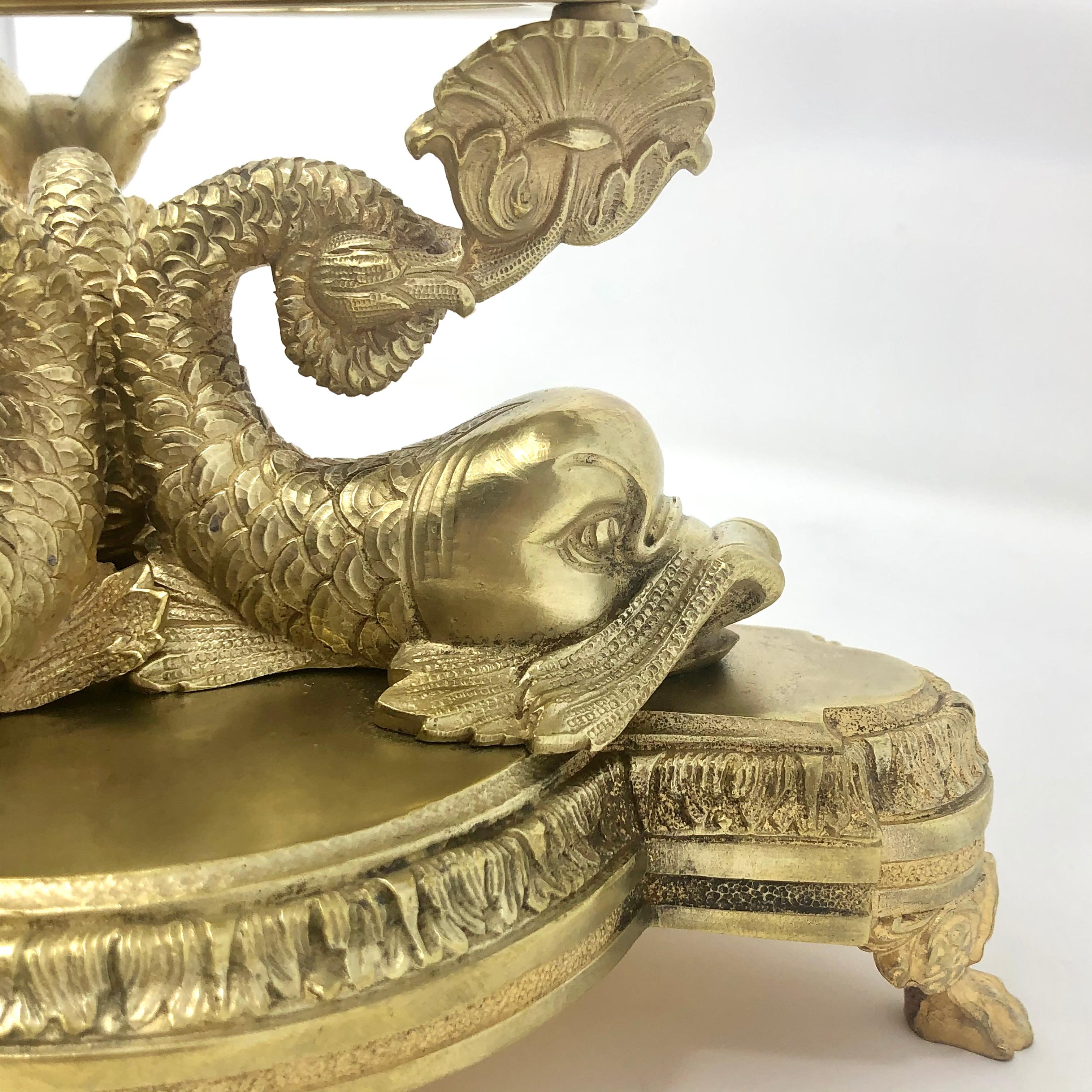 20th Century Antique Austrian Cut Crystal & Gold Bronze Figural Dolphin Centerpiece, Ca. 1900