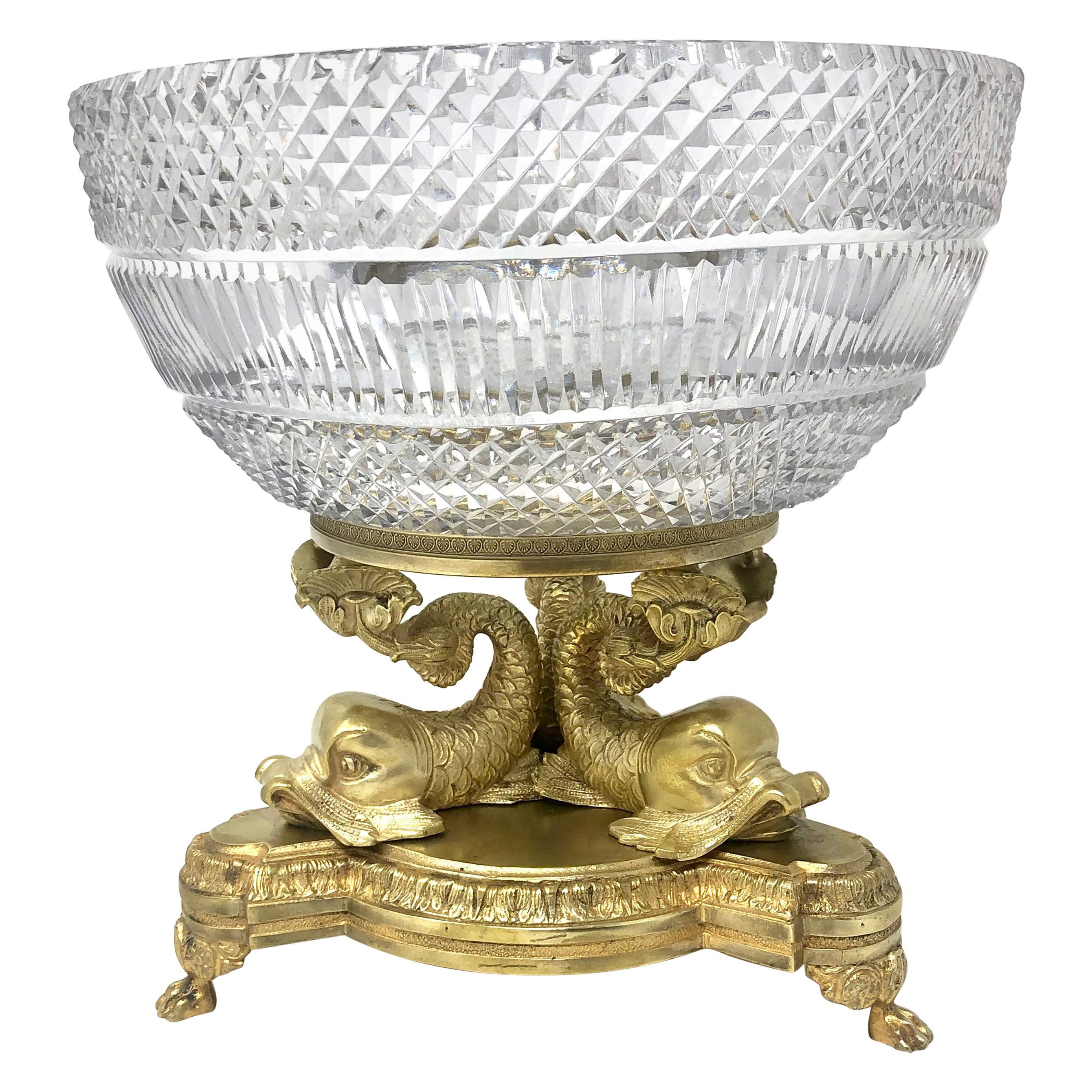Antique Austrian Cut Crystal & Gold Bronze Figural Dolphin Centerpiece, Ca. 1900