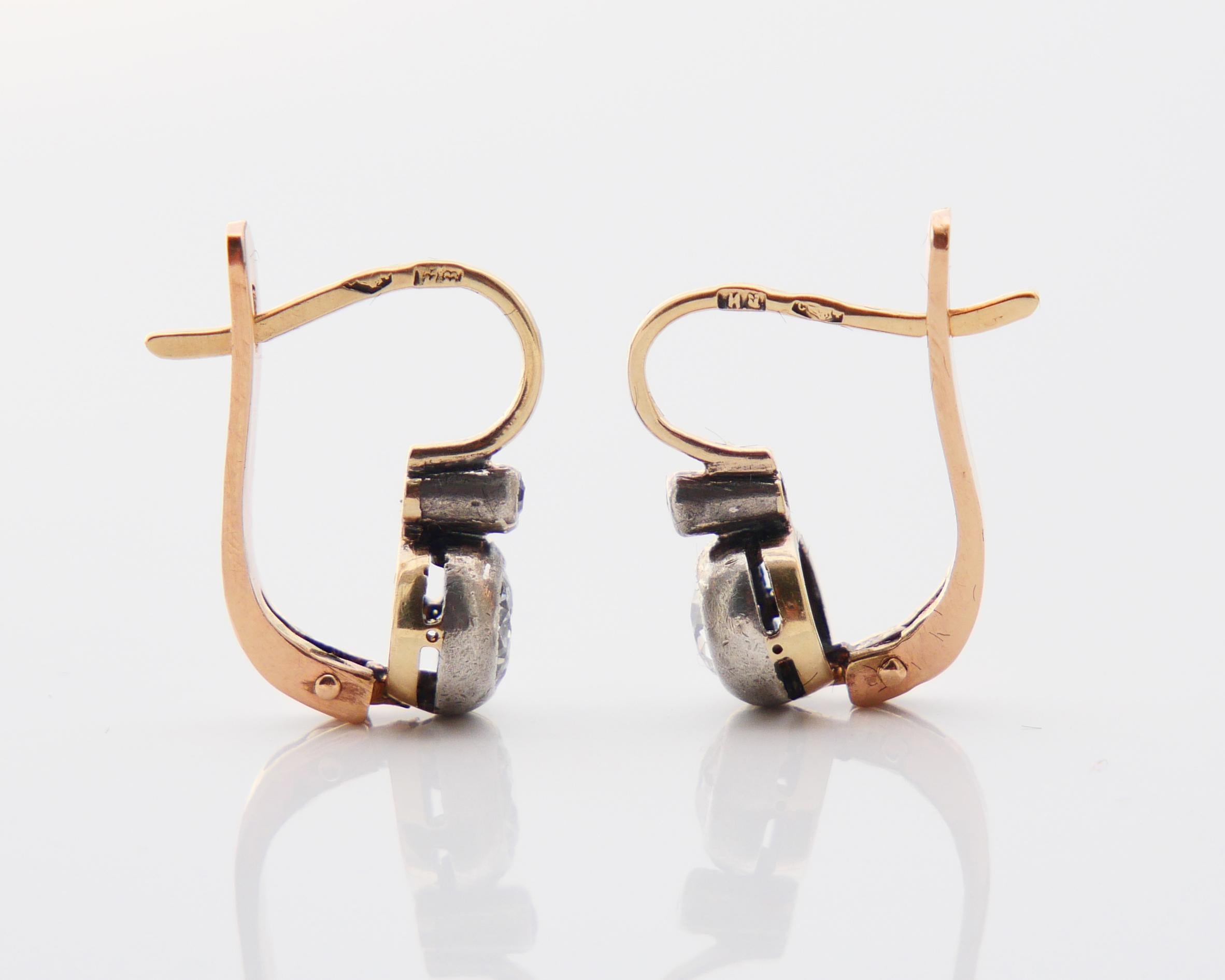 Pendientes Austriacos Antiguos 1ctw Diamantes naturales Oro 14K macizo Plata / 2.65 gr Corte europeo antiguo en venta