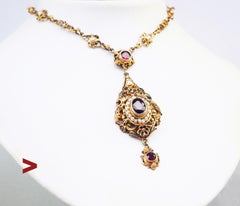 Antique Austrian Empire Necklace Garnets Seed Pearls Gilt Silver / 47cm/35gr