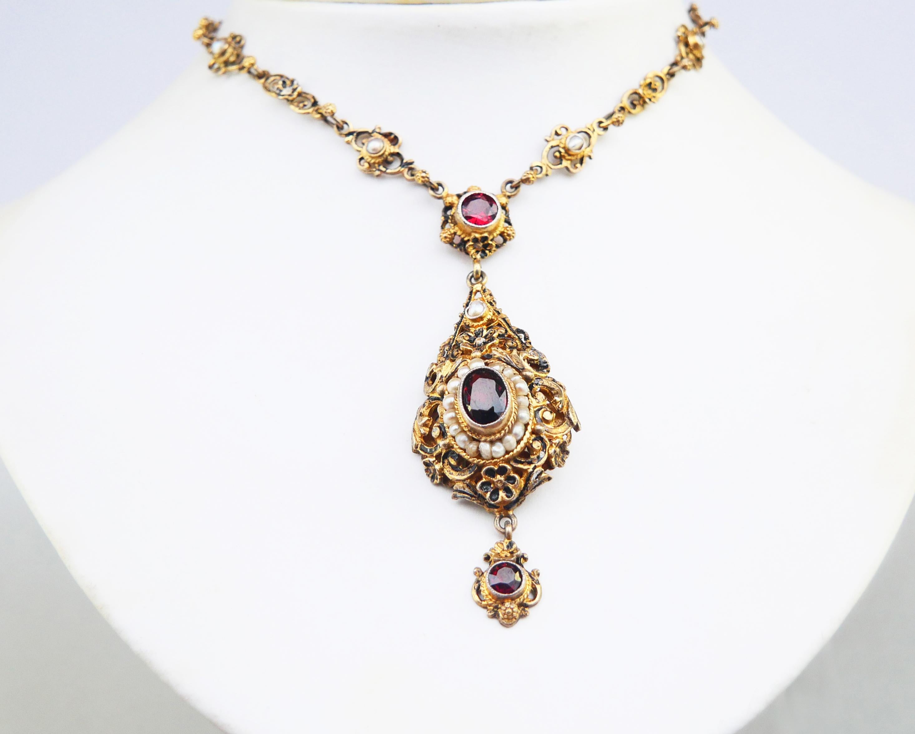 Art Deco Antique Austrian Empire Necklace Garnets Seed Pearls Gilt Silver / 47cm/35gr For Sale