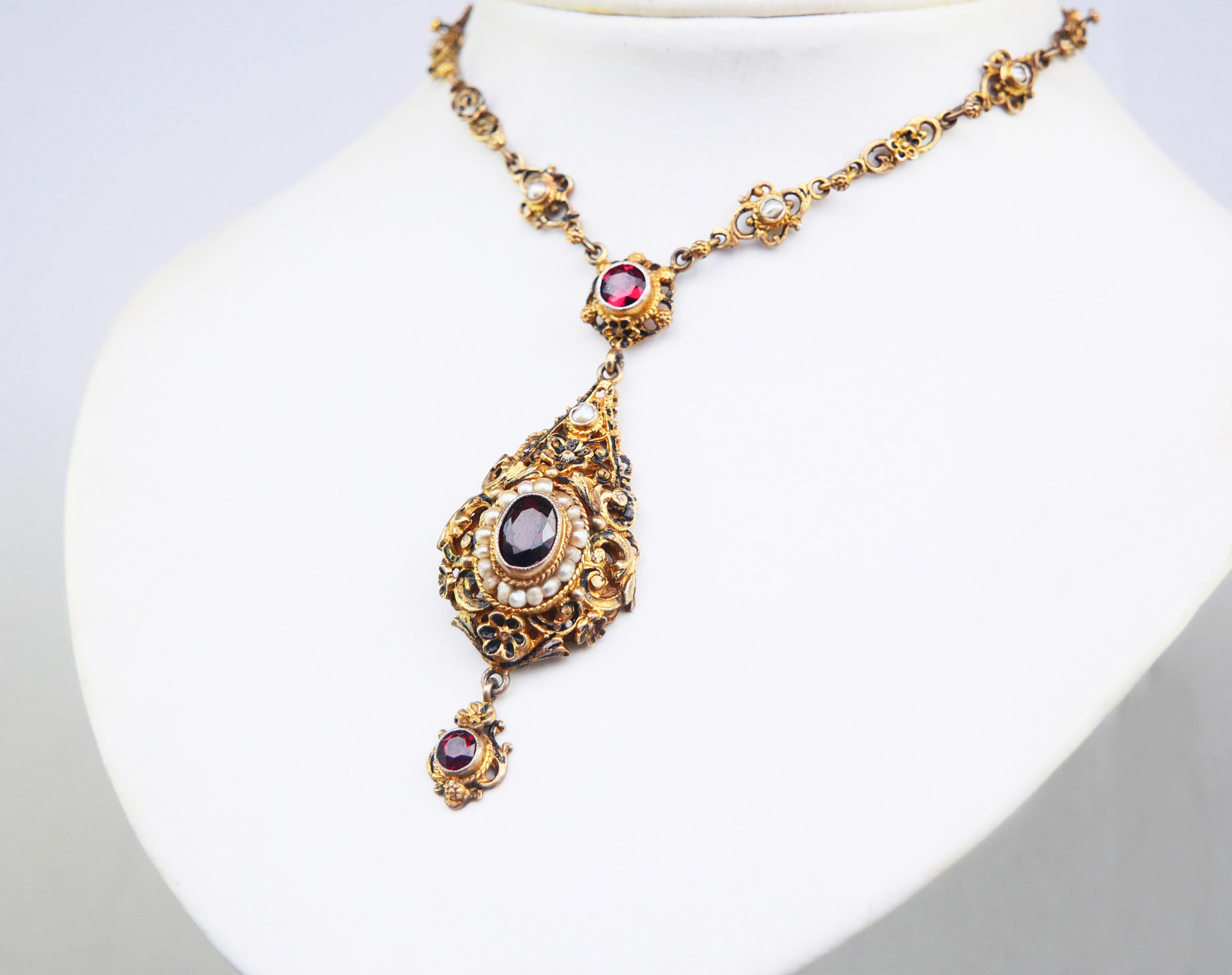 Women's Antique Austrian Empire Necklace Garnets Seed Pearls Gilt Silver / 47cm/35gr For Sale
