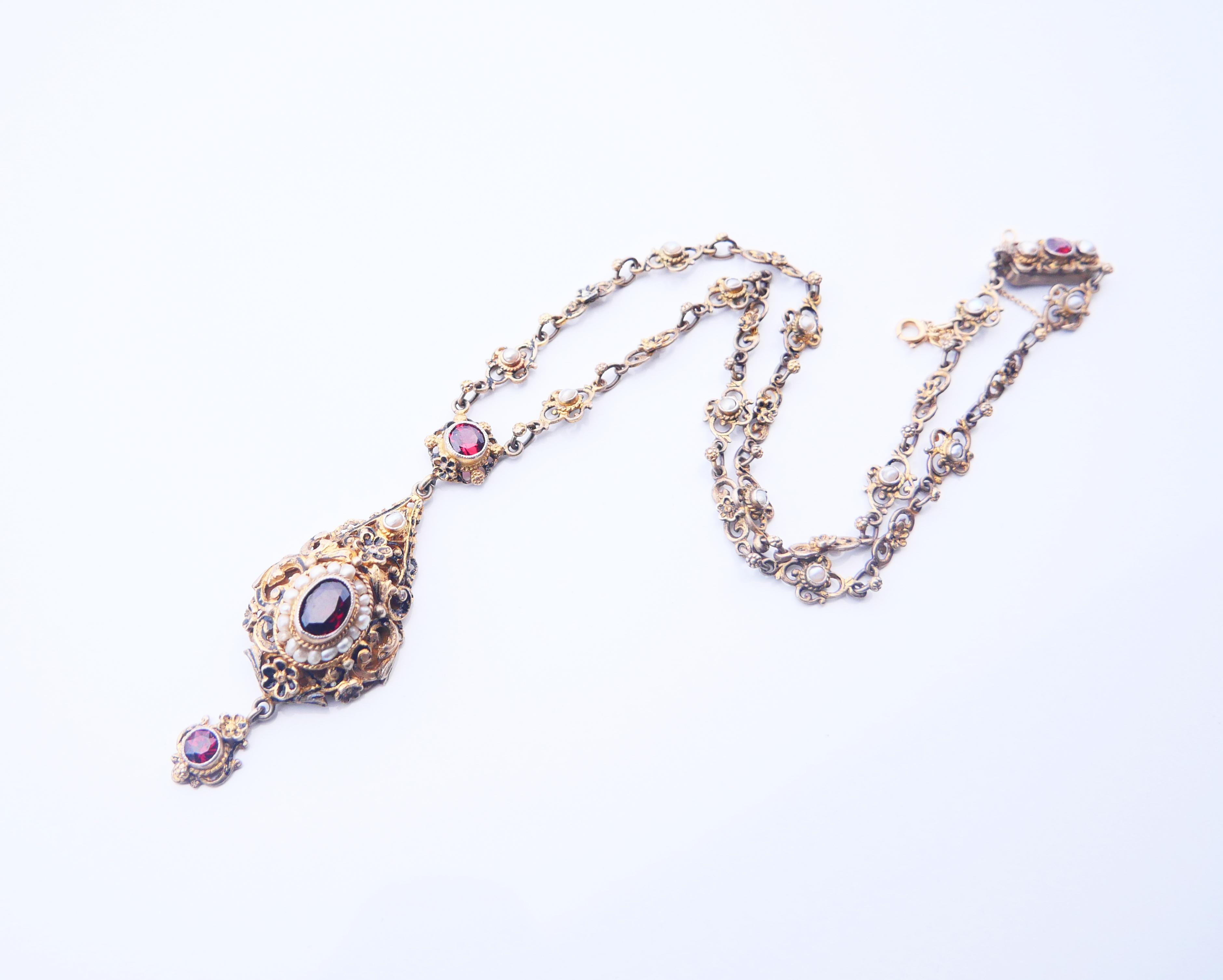 Antique Austrian Empire Necklace Garnets Seed Pearls Gilt Silver / 47cm/35gr For Sale 1