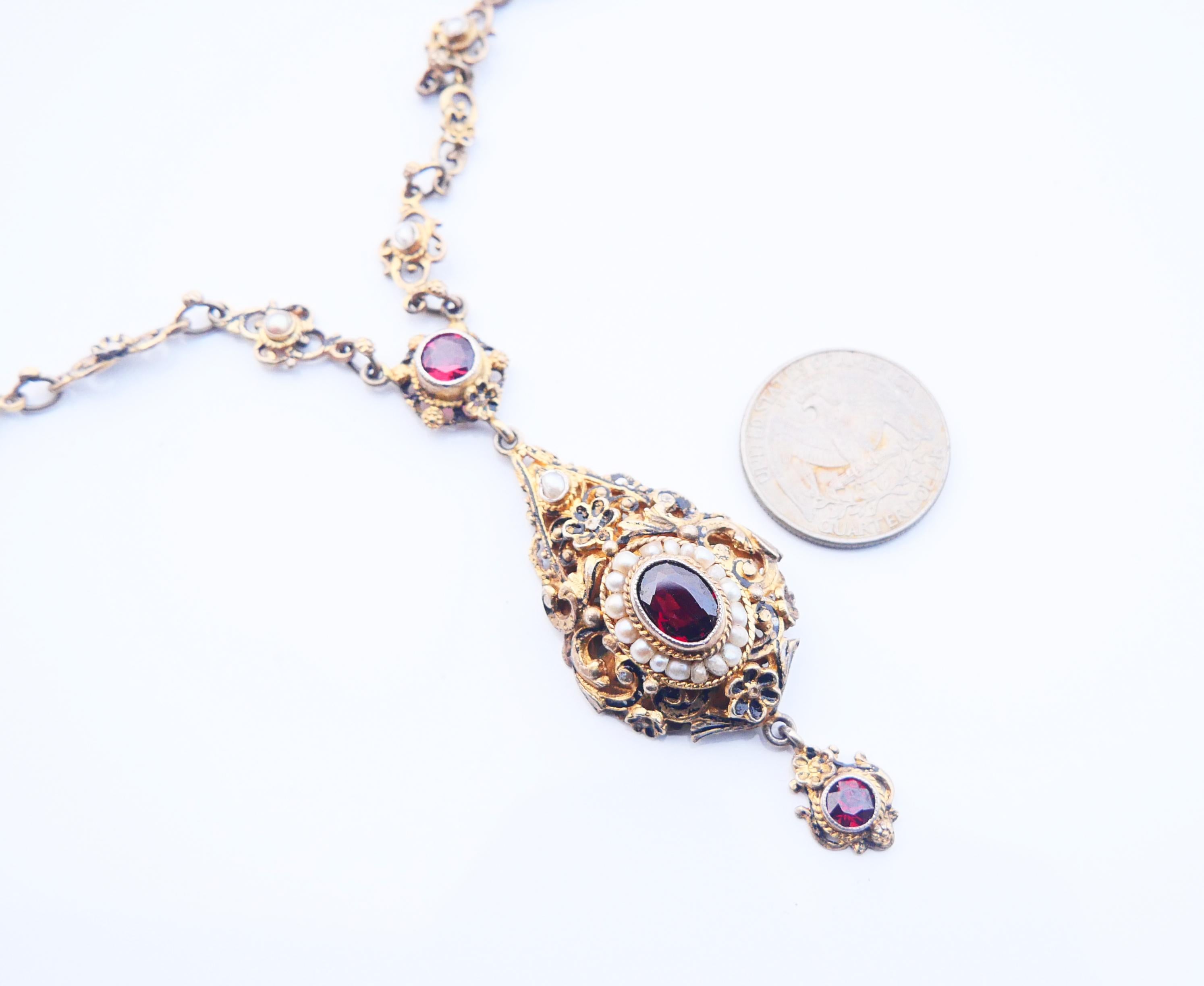 Antique Austrian Empire Necklace Garnets Seed Pearls Gilt Silver / 47cm/35gr For Sale 3