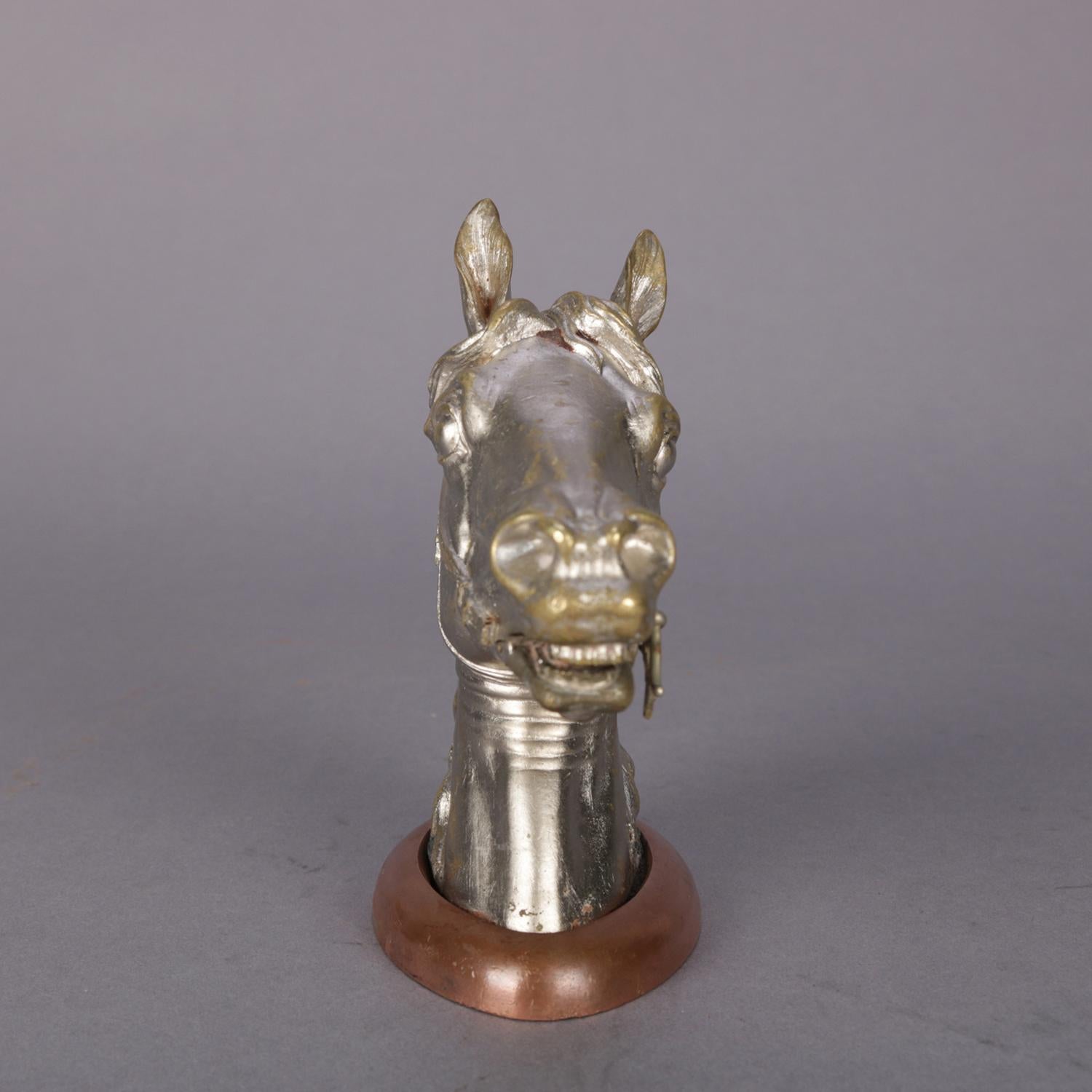 An antique Vienna, Austria figural Franz Xavier Bergman (Austrian, 1861-1926) equestrian cold painted bronze inkwell featuring horse head form, marked on base Amphora - B, gilt silver, circa 1900.

***DELIVERY NOTICE – Due to COVID-19 we are