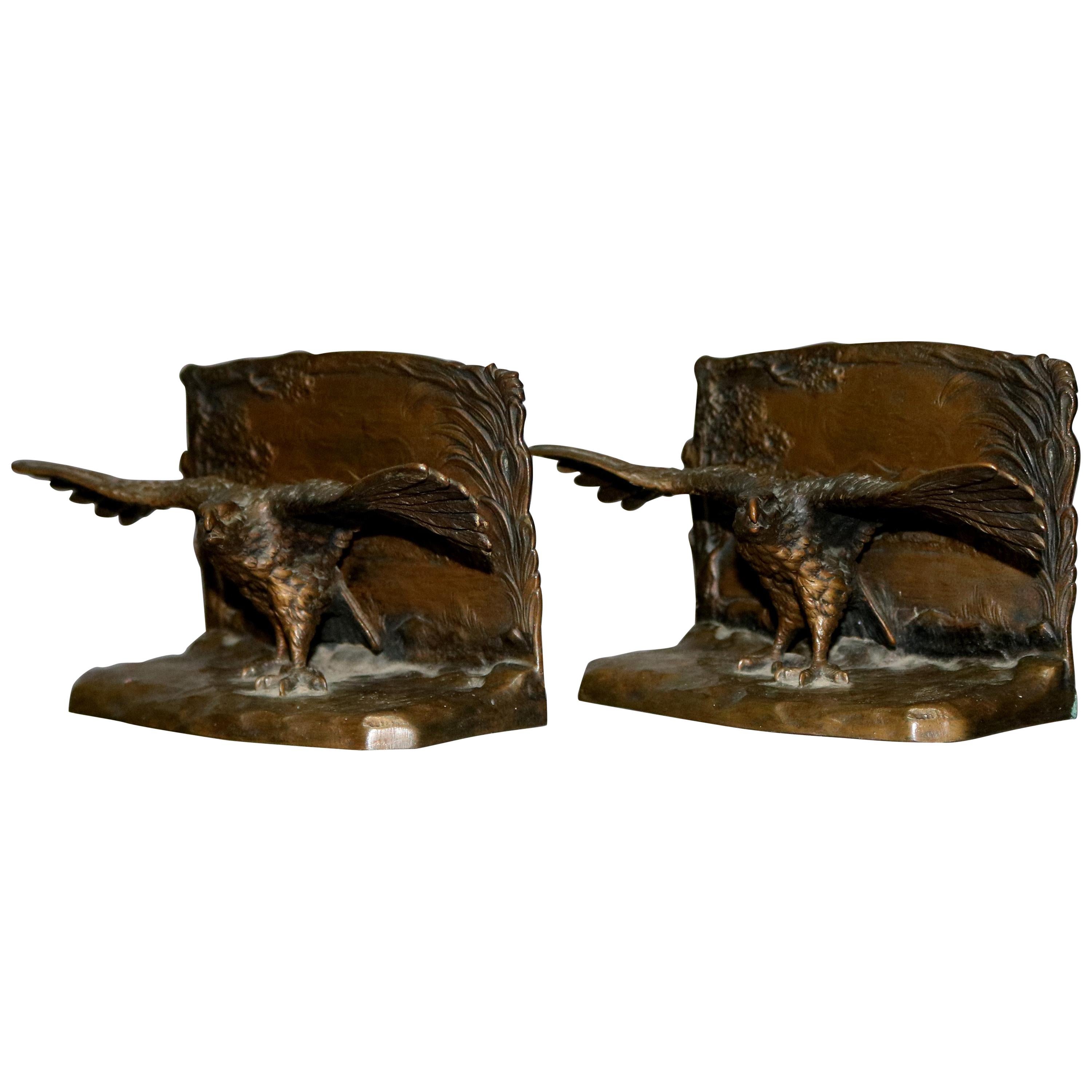 Antique Austrian Figural Eagle Cast Bronze Bookends Signed Hirschler, circa 1900