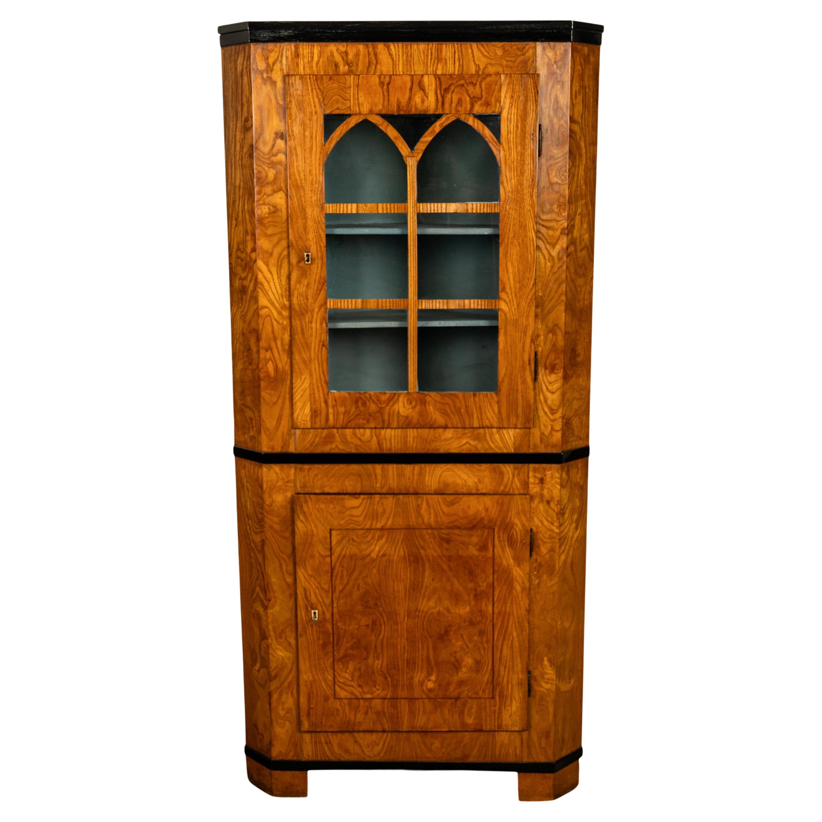 Antique Austrian Figured Ash & Ebony Biedermeier Standing Corner Cabinet 1830 For Sale
