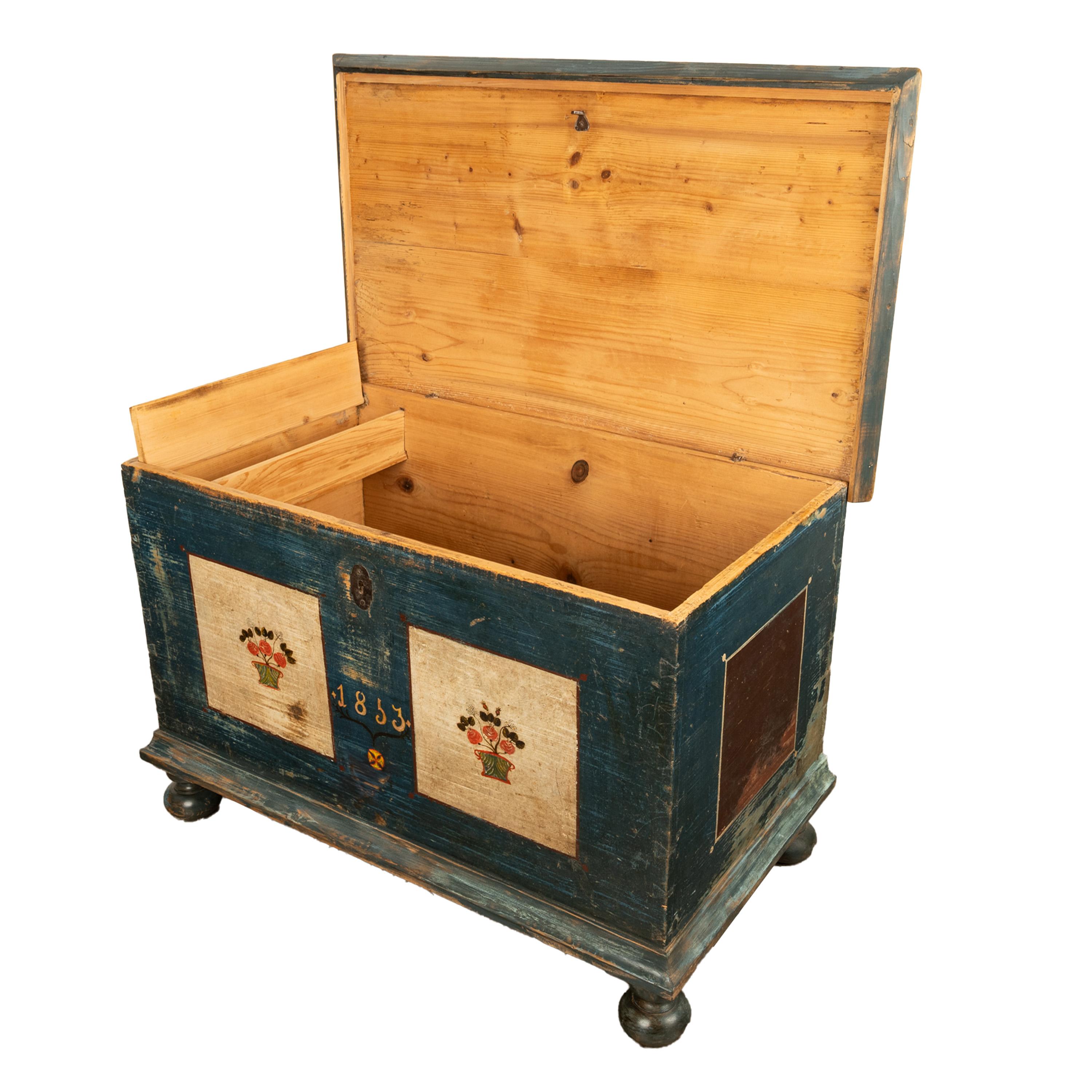 Antique Austrian Folk Art Painted Pine Marriage Blanket Chest Coffer Trunk 1853 5