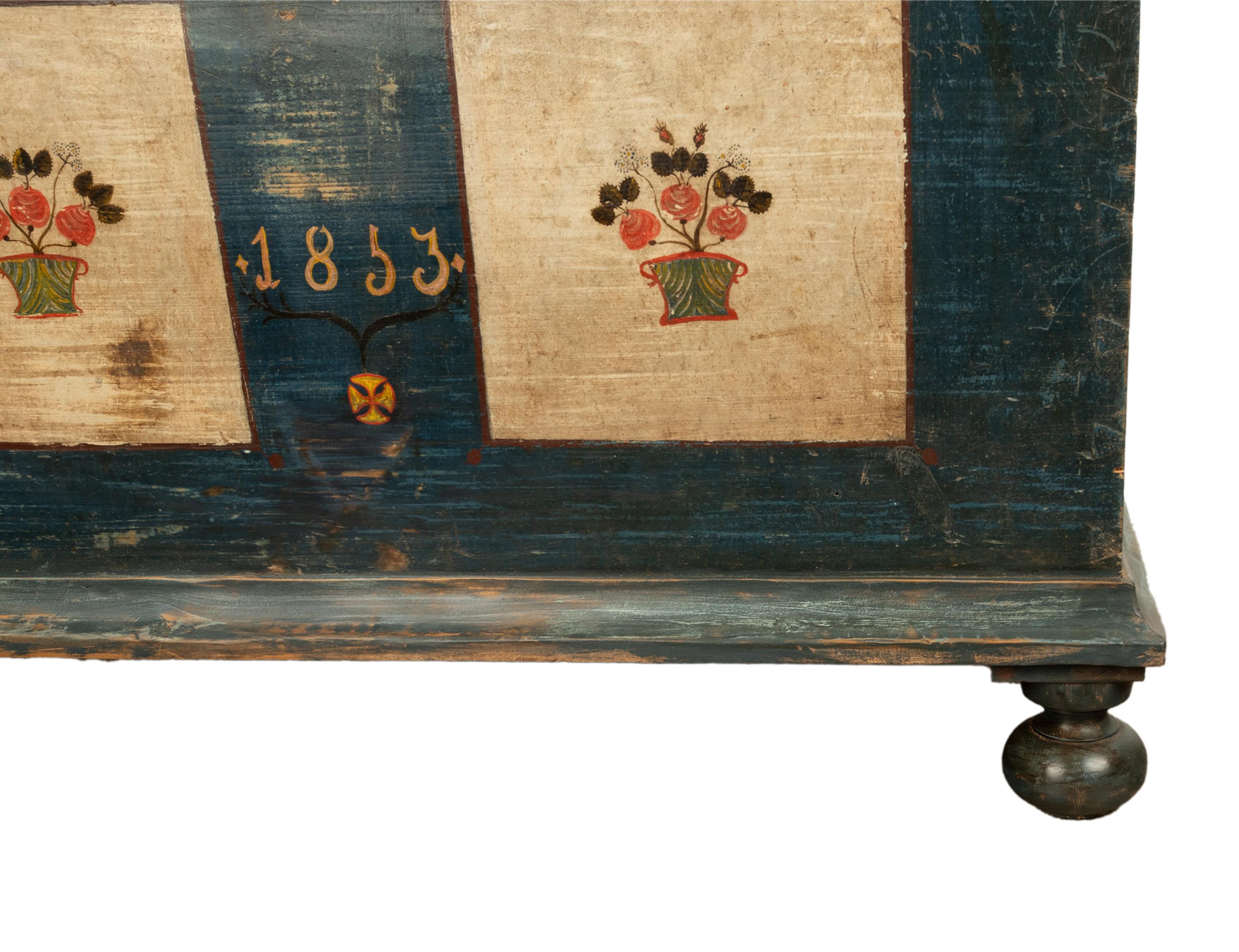 Antique Austrian Folk Art Painted Pine Marriage Blanket Chest Coffer Trunk 1853 9