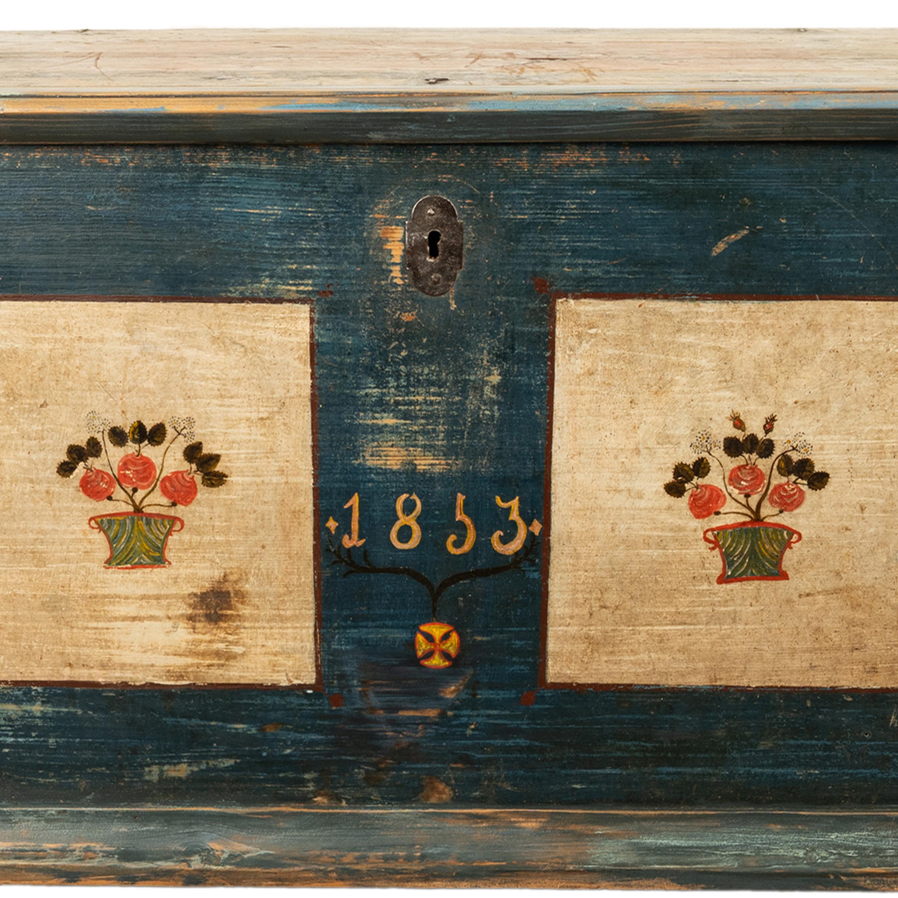 Antique Austrian Folk Art Painted Pine Marriage Blanket Chest Coffer Trunk 1853 10