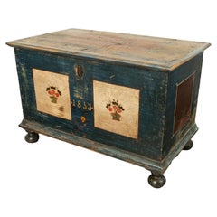Antico baule da matrimonio in pino dipinto in arte popolare austriaca 1853