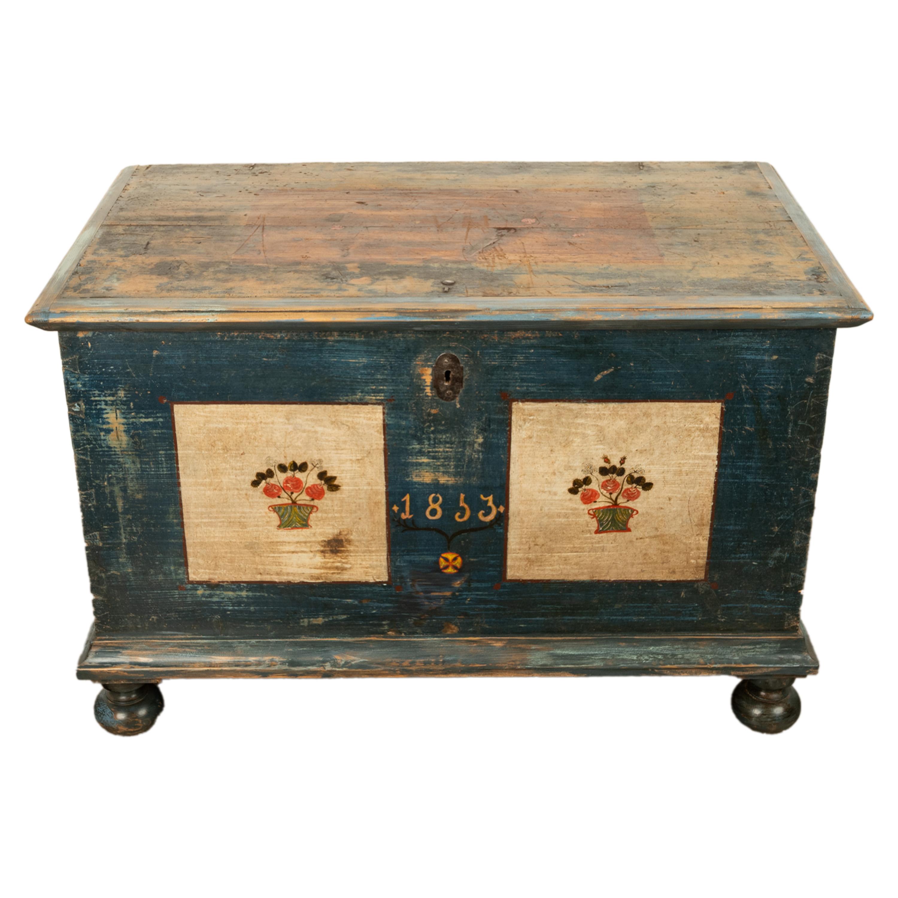Hand-Painted Antique Austrian Folk Art Painted Pine Marriage Blanket Chest Coffer Trunk 1853