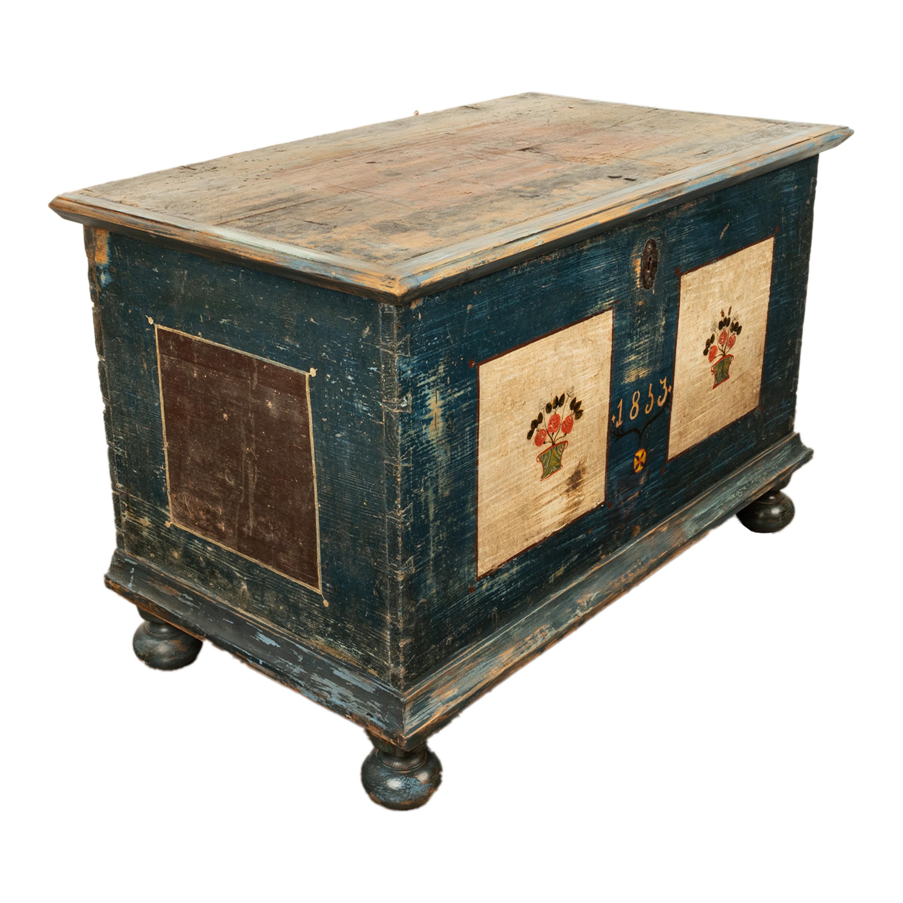 Antique Austrian Folk Art Painted Pine Marriage Blanket Chest Coffer Trunk 1853 In Good Condition In Portland, OR