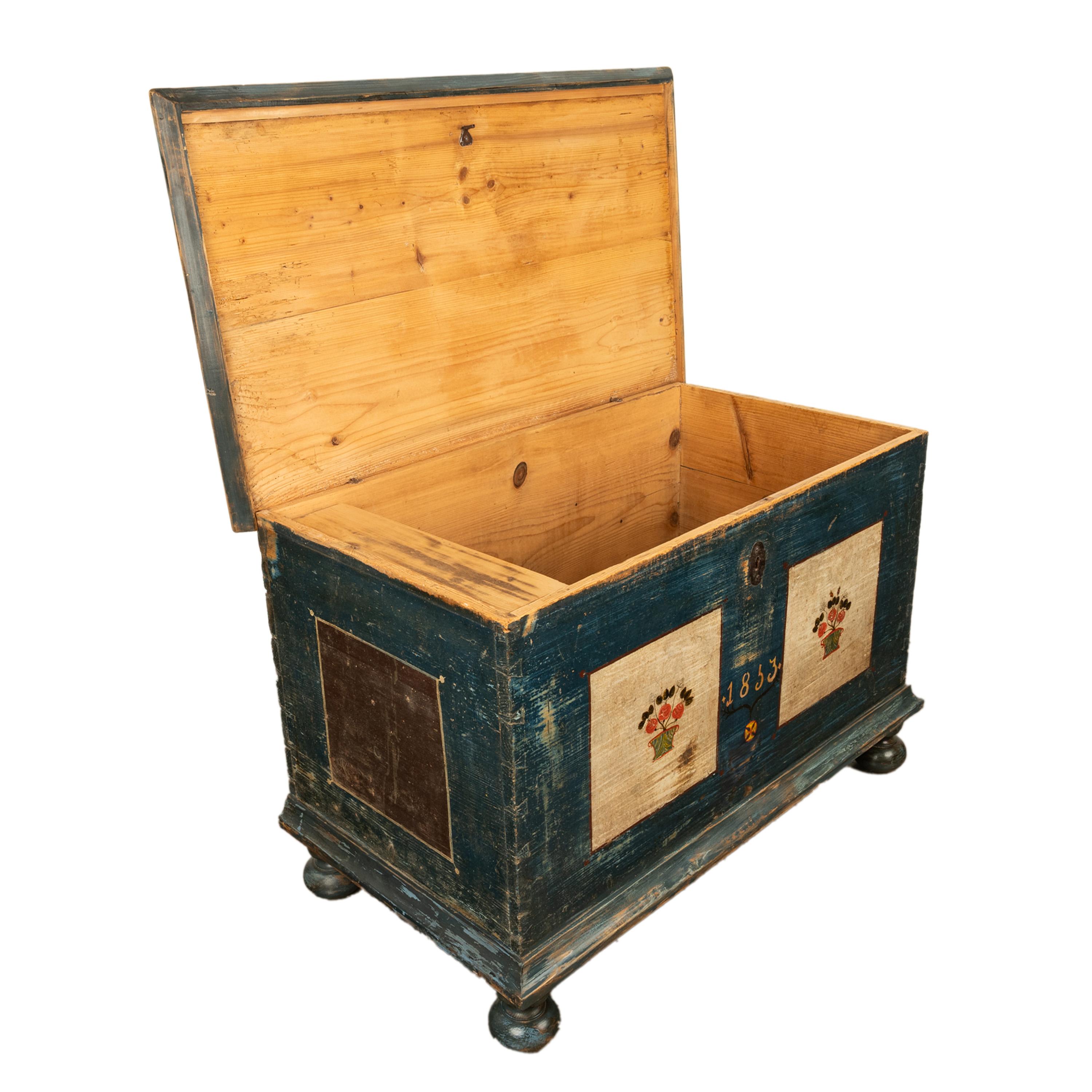 Mid-19th Century Antique Austrian Folk Art Painted Pine Marriage Blanket Chest Coffer Trunk 1853