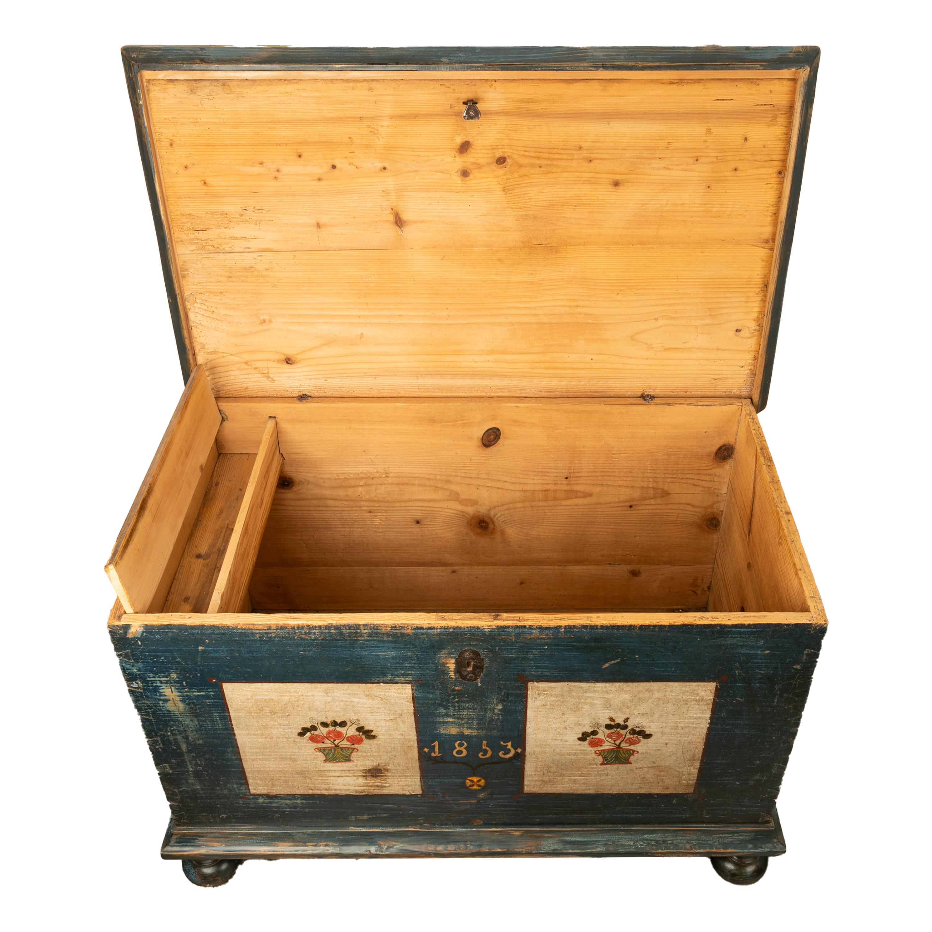 Antique Austrian Folk Art Painted Pine Marriage Blanket Chest Coffer Trunk 1853 2