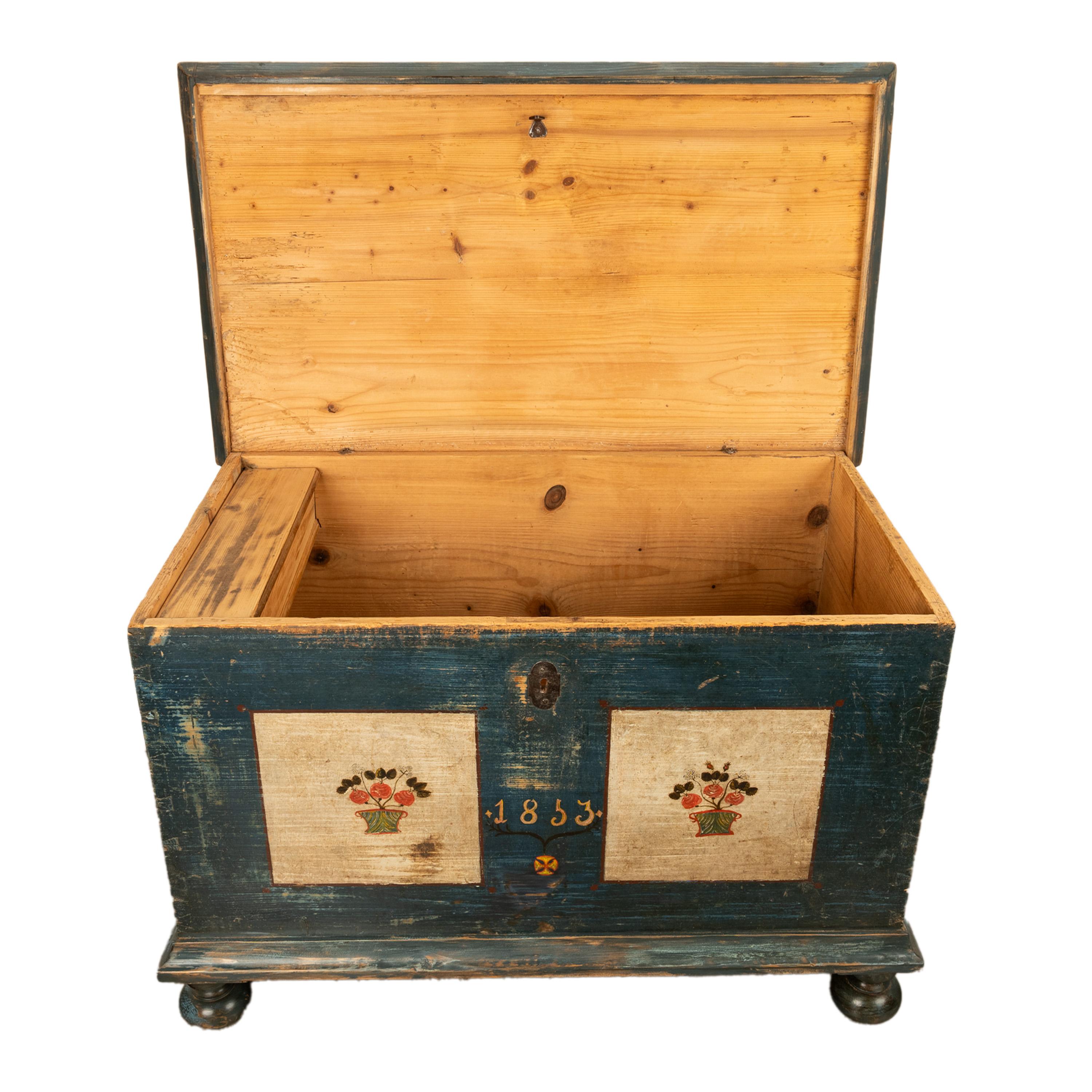 Antique Austrian Folk Art Painted Pine Marriage Blanket Chest Coffer Trunk 1853 3