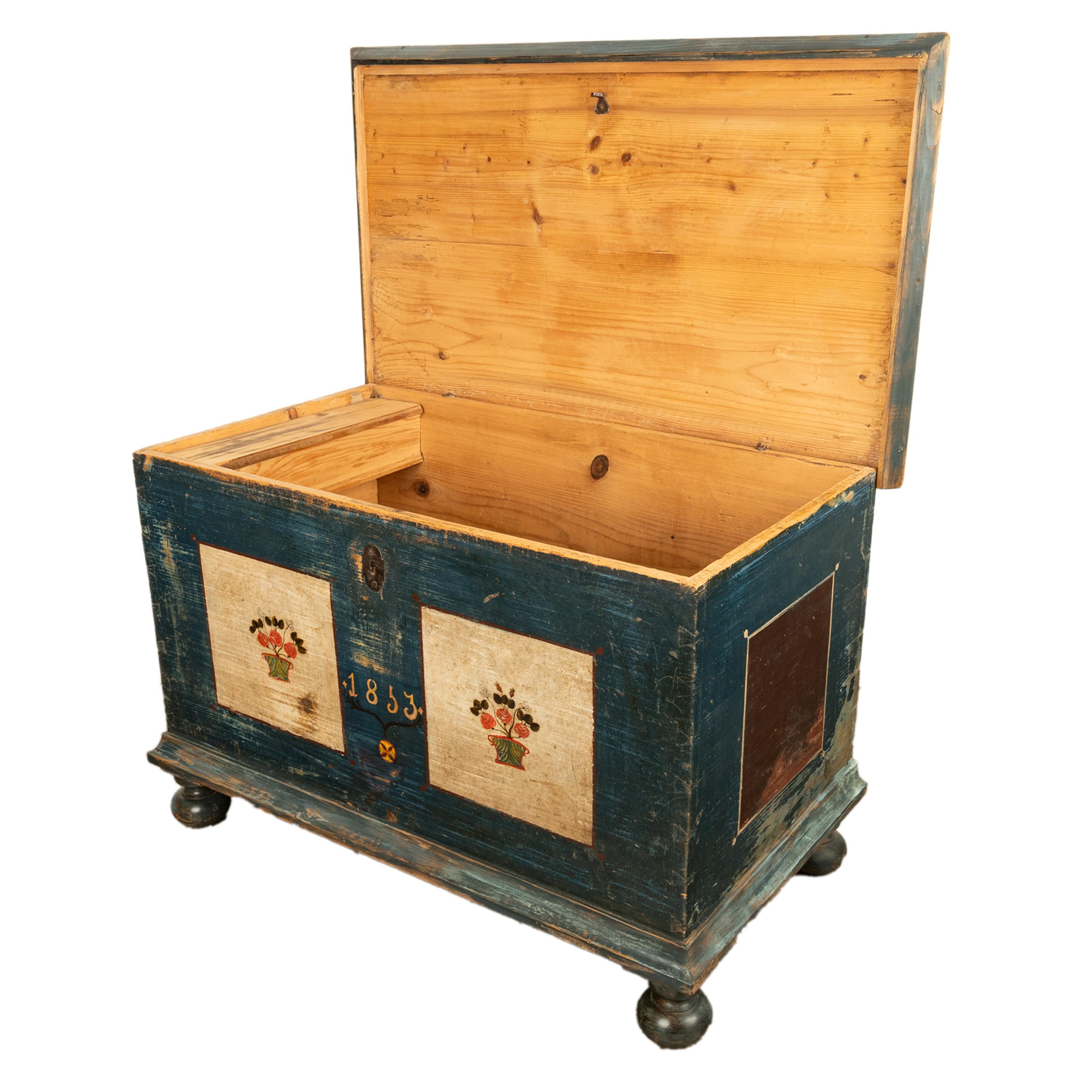 Antique Austrian Folk Art Painted Pine Marriage Blanket Chest Coffer Trunk 1853 4