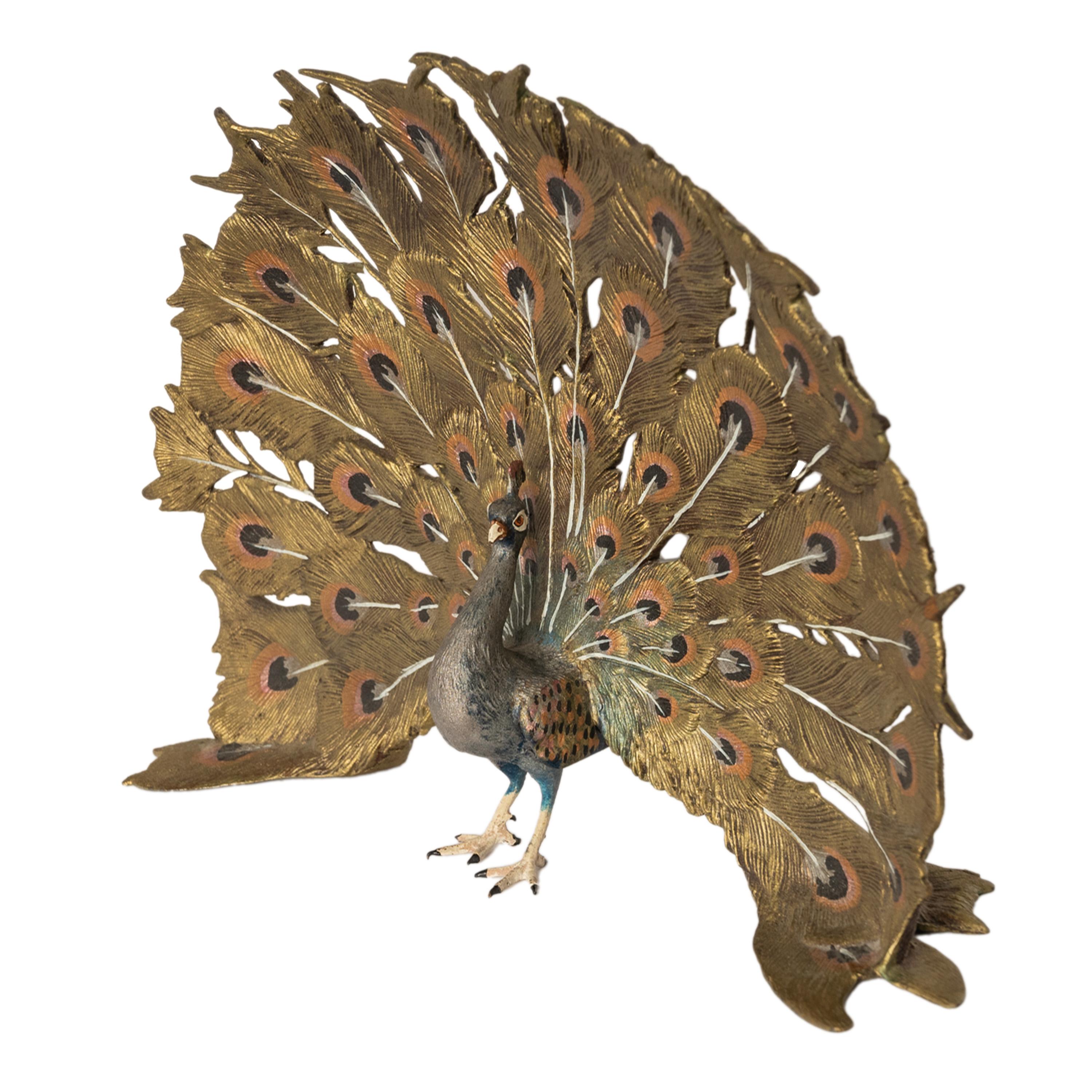 Antique Austrian Franz Bergman Cold Painted Bronze Peacock Sculpture Statue 1920 4