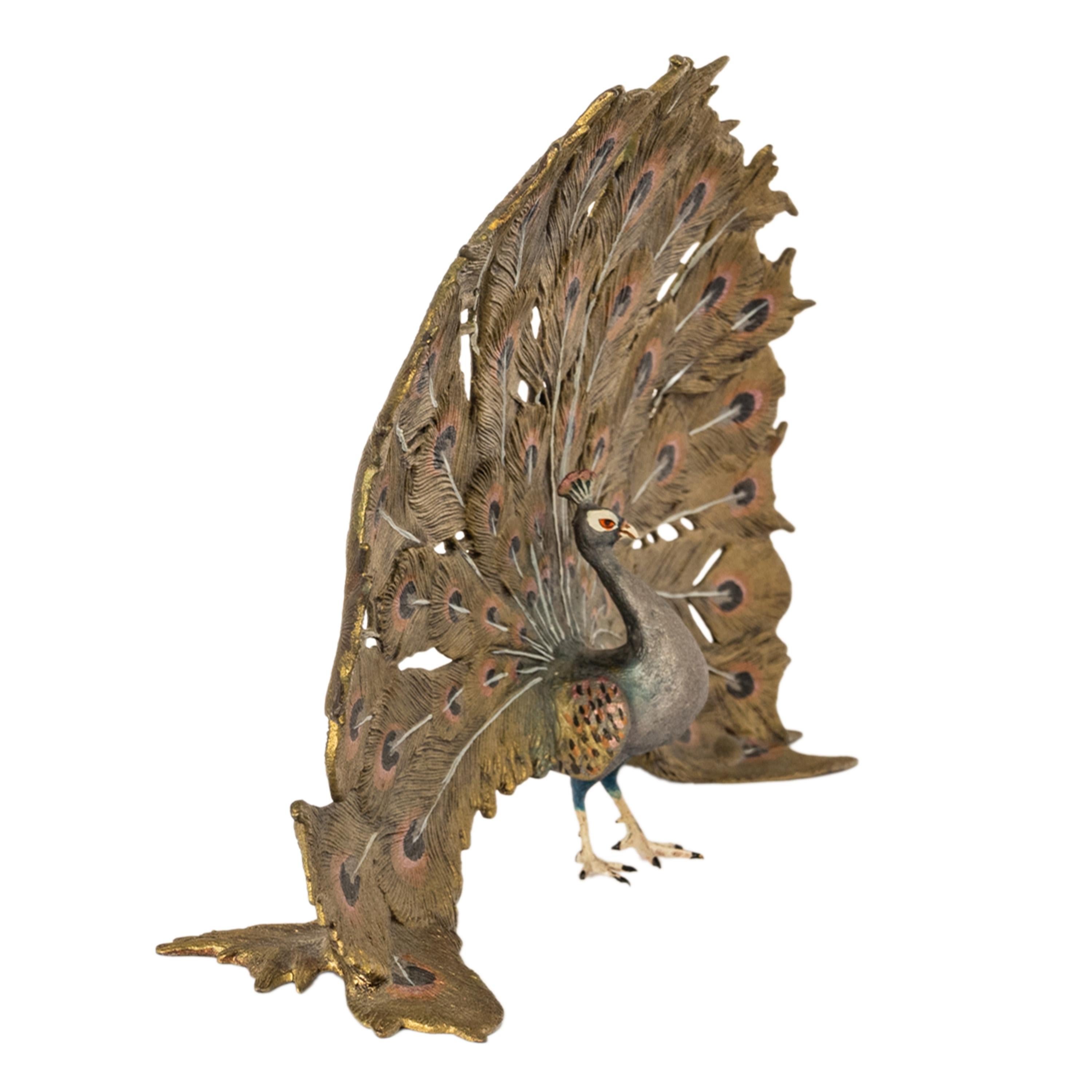 Art Nouveau Antique Austrian Franz Bergman Cold Painted Bronze Peacock Sculpture Statue 1920