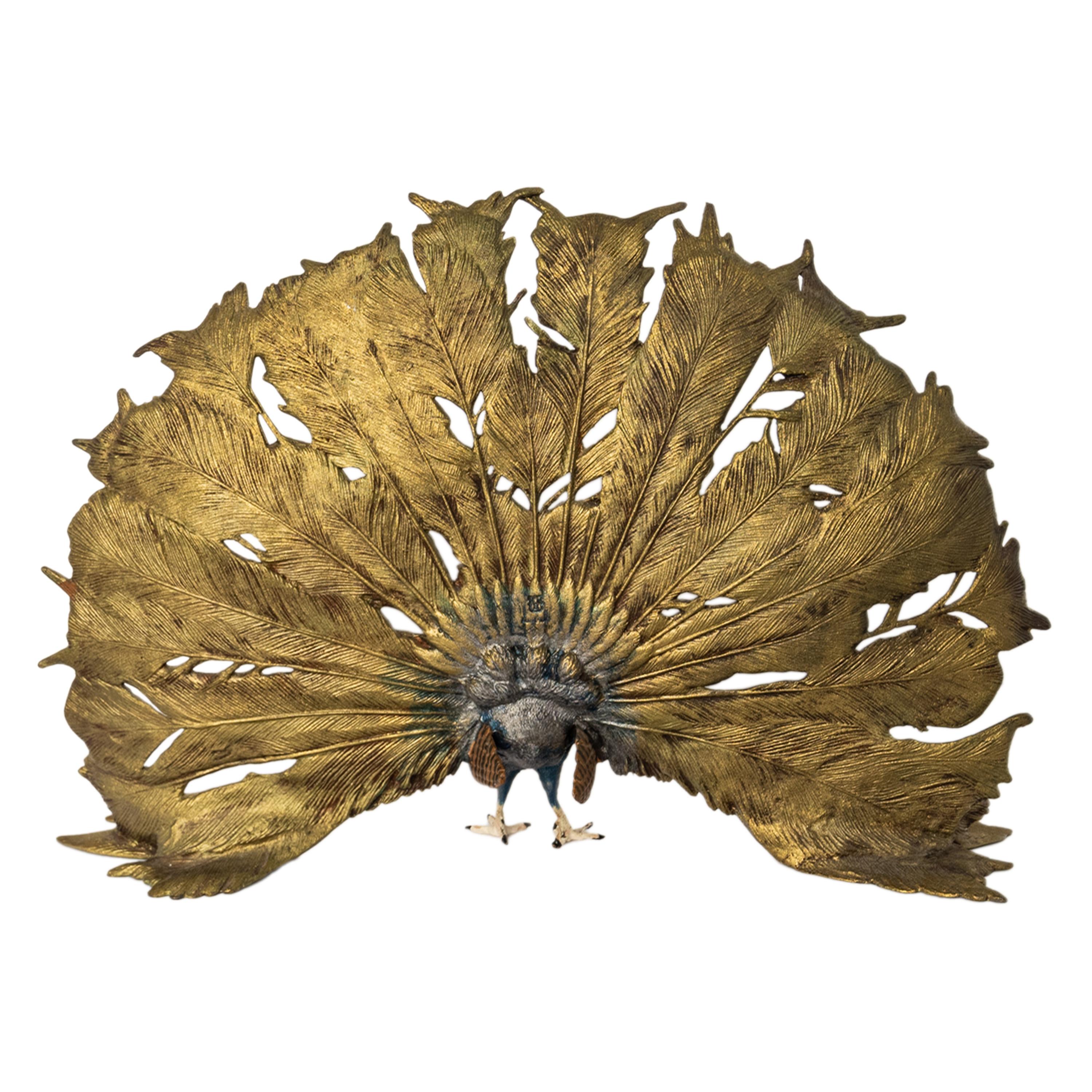 Early 20th Century Antique Austrian Franz Bergman Cold Painted Bronze Peacock Sculpture Statue 1920