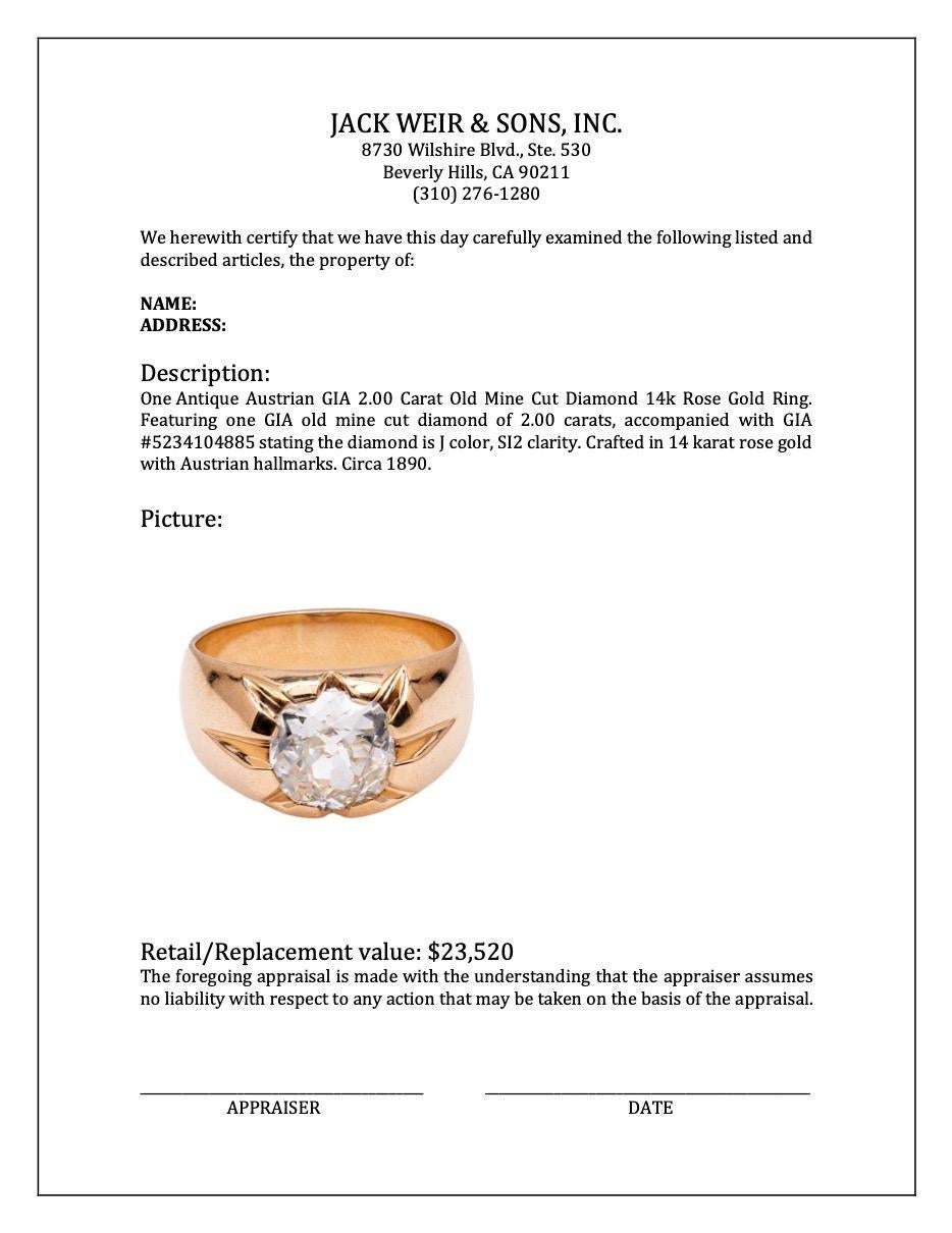 Antike österreichische GIA 2,00 Karat Old Mine Cut Diamant 14k Rose Gold Ring 2