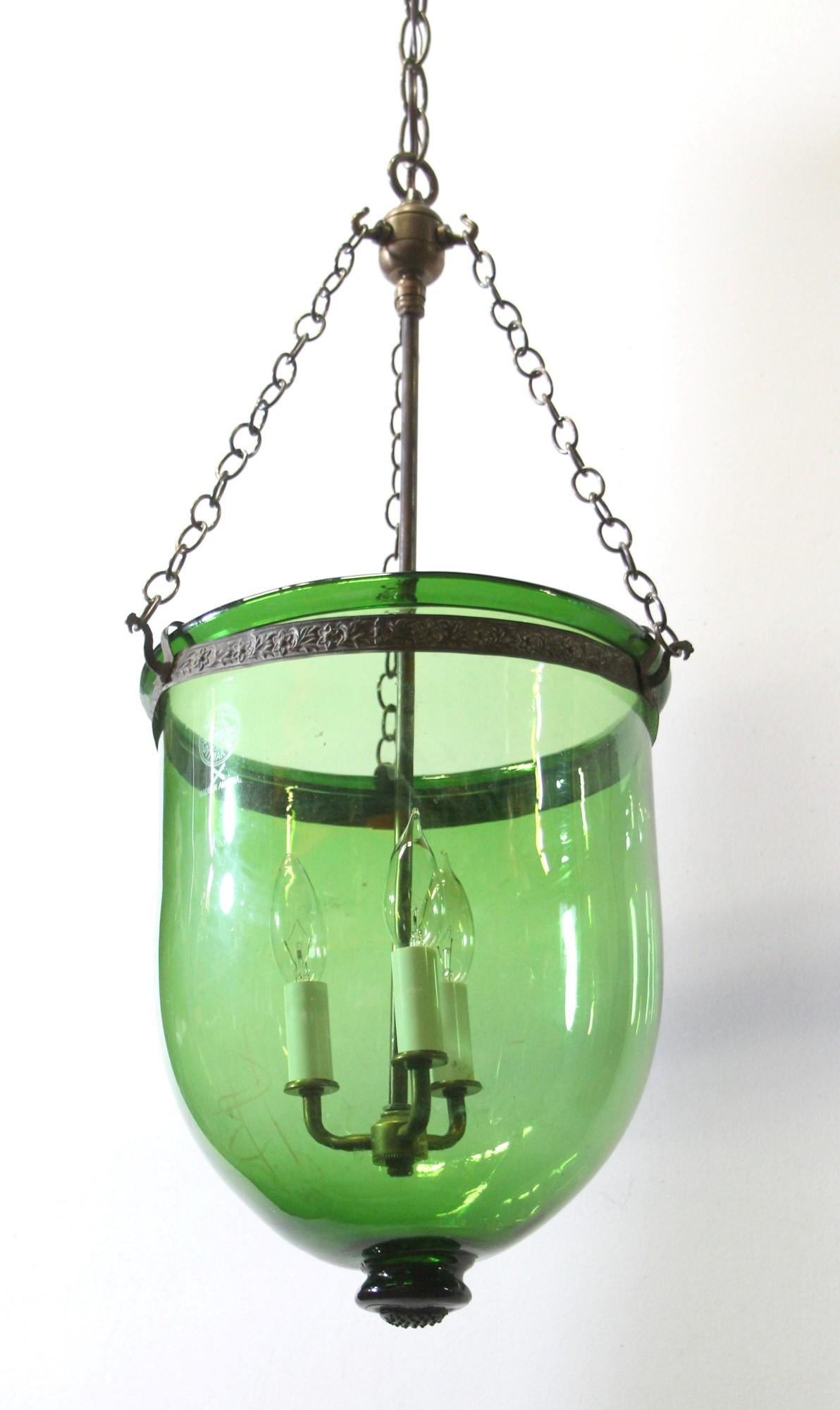 Antique cast green glass bell jar pendant light. Shade made in Austria and stamped 