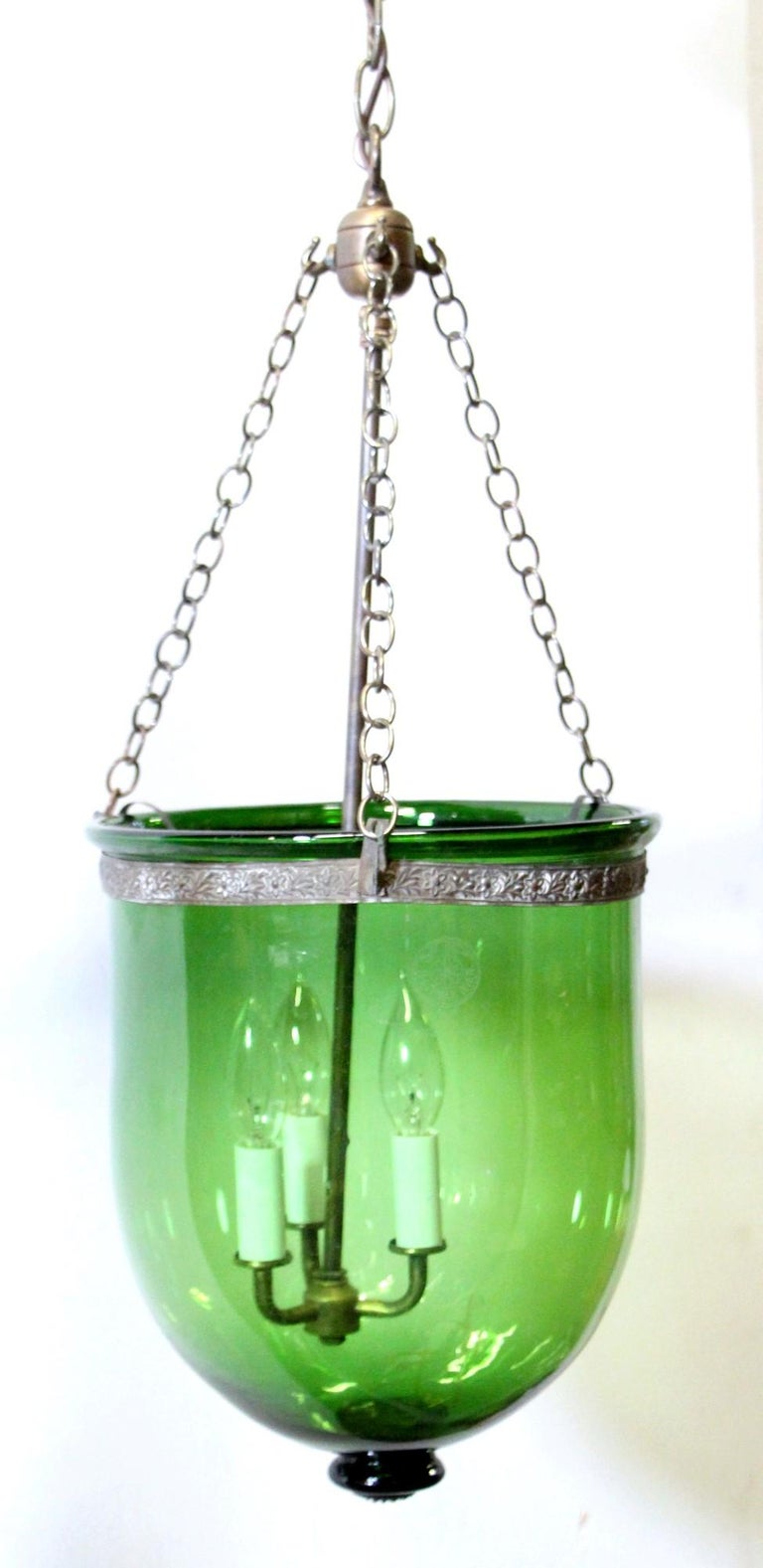 Antique Austrian Green Crystal Glass Bell Jar Pendant Brass Hardware