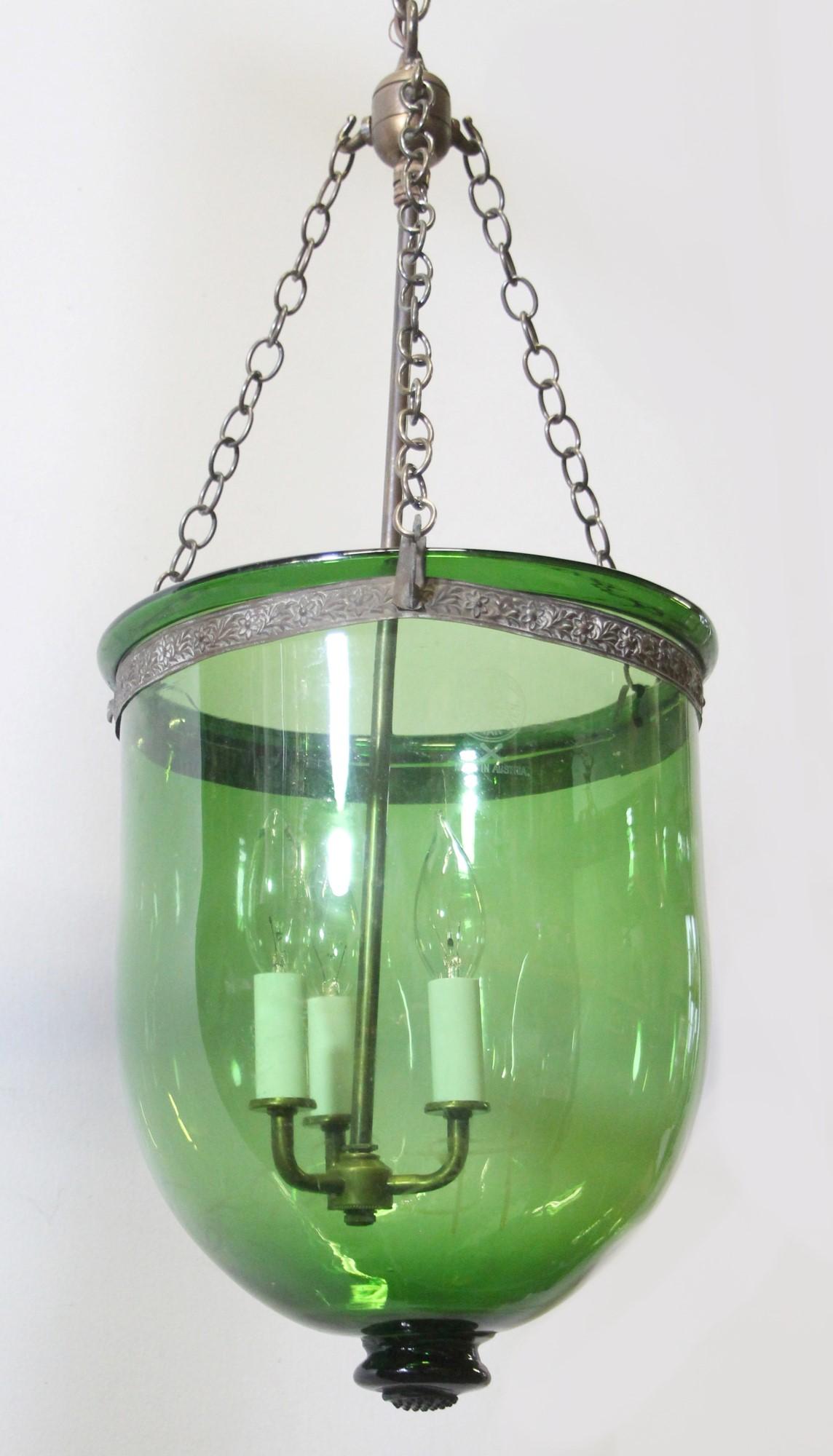 Antique Austrian Green Crystal Glass Bell Jar Pendant Brass Hardware In Good Condition In New York, NY