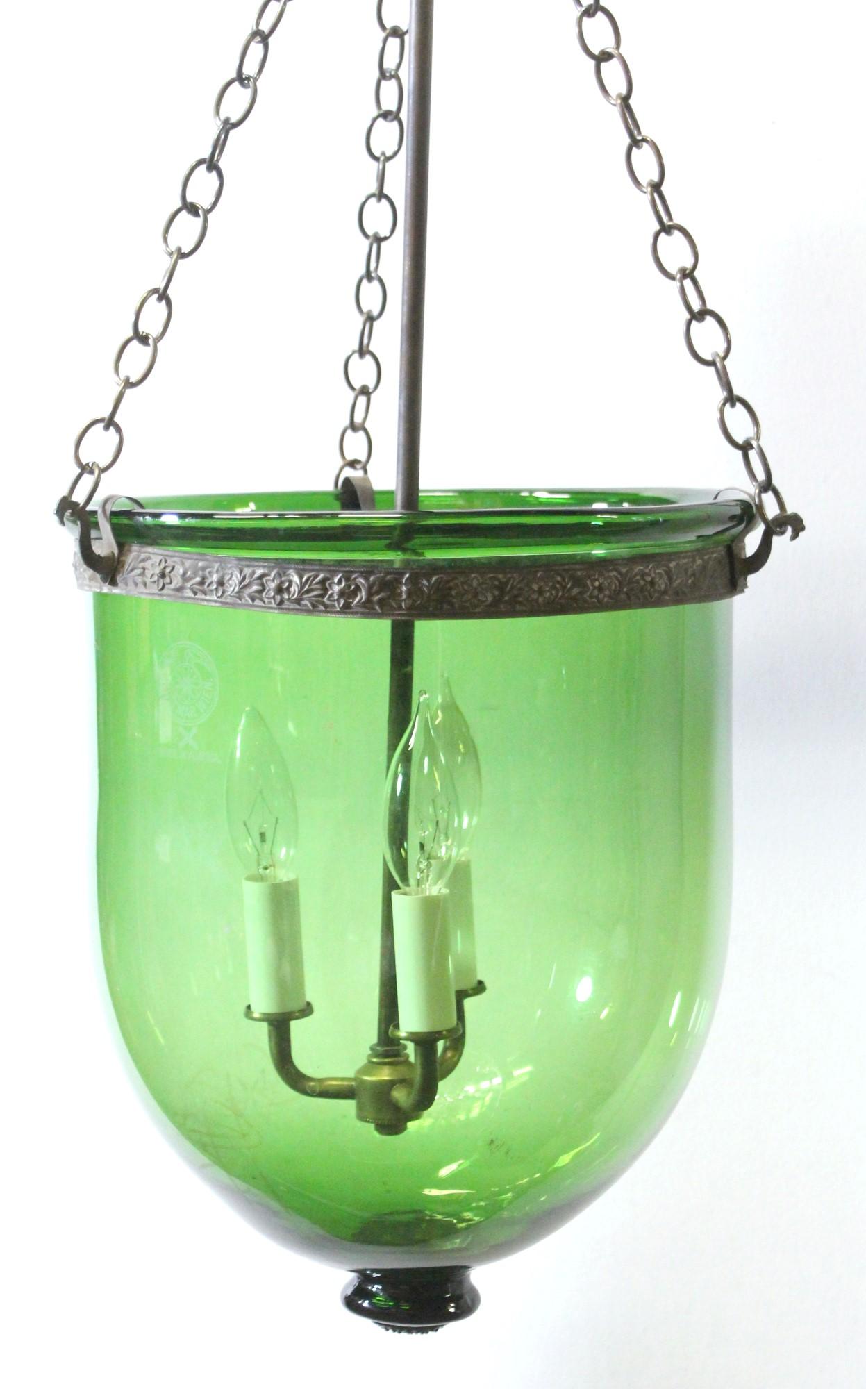 20th Century Antique Austrian Green Crystal Glass Bell Jar Pendant Brass Hardware