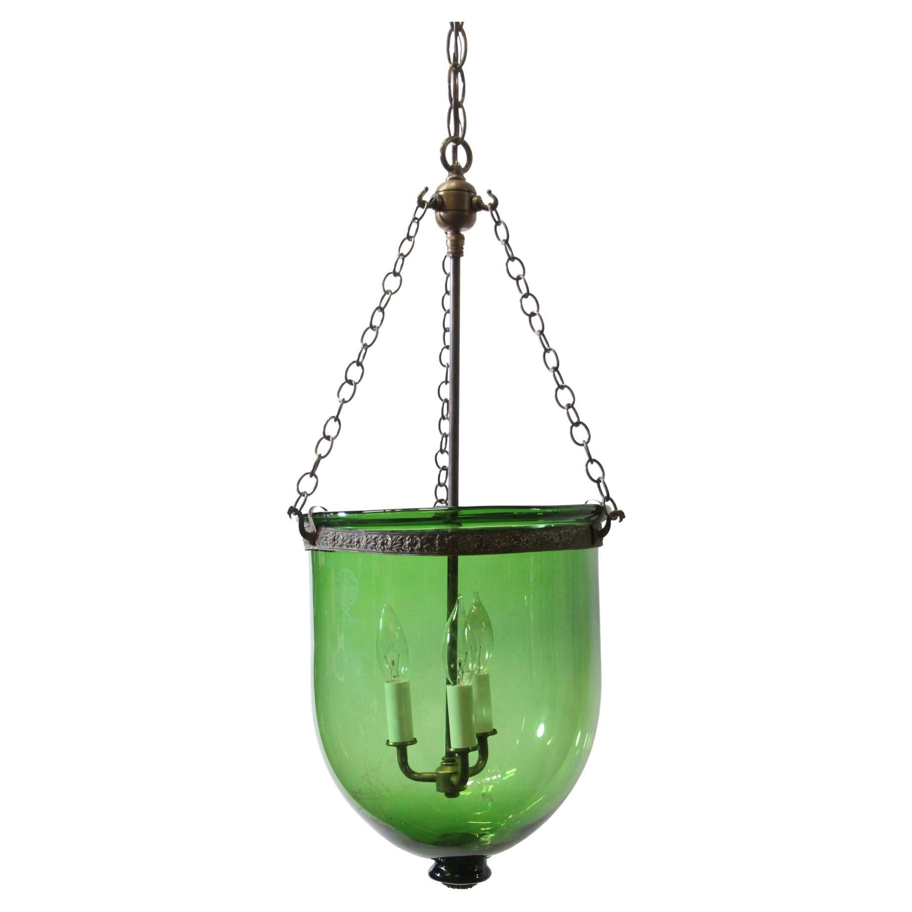 A Vintage Green Glass Bell Jar Chandelier W/Hanging Crystals at 1stDibs